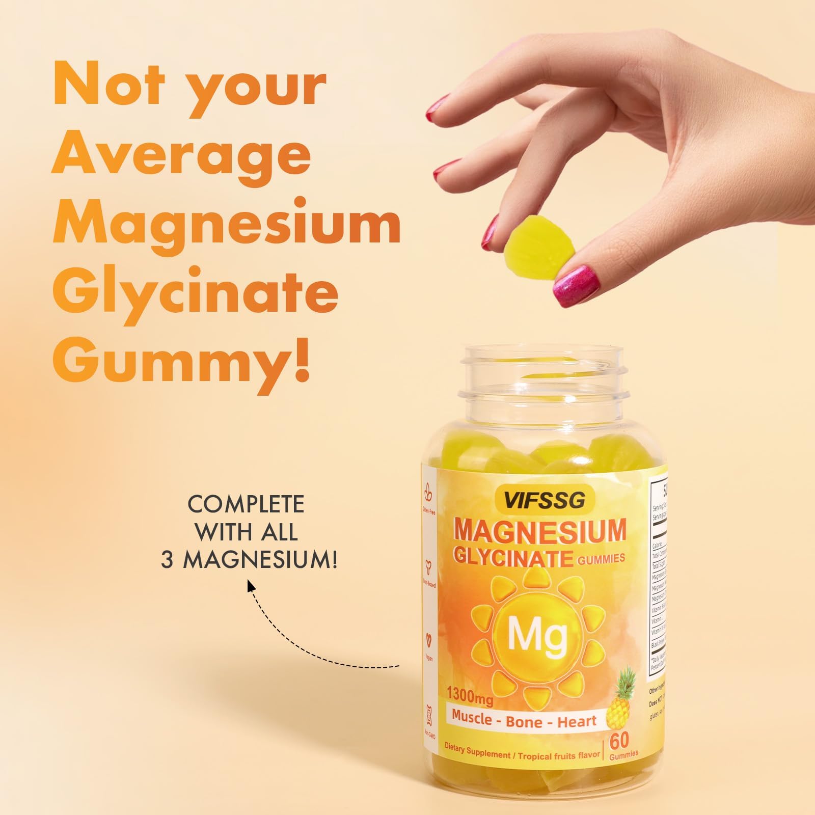 VIFSSG Magnesium Glycinate Gummies 500 Mg, Triple Magnesium Complex Sugar-Free Gummies with Malate 400 Mg, Citrate 400 Mg, Magnesium Supplement Chewable for Women & Men Vegan, Organic 60 Count VIFSSG Au supplements