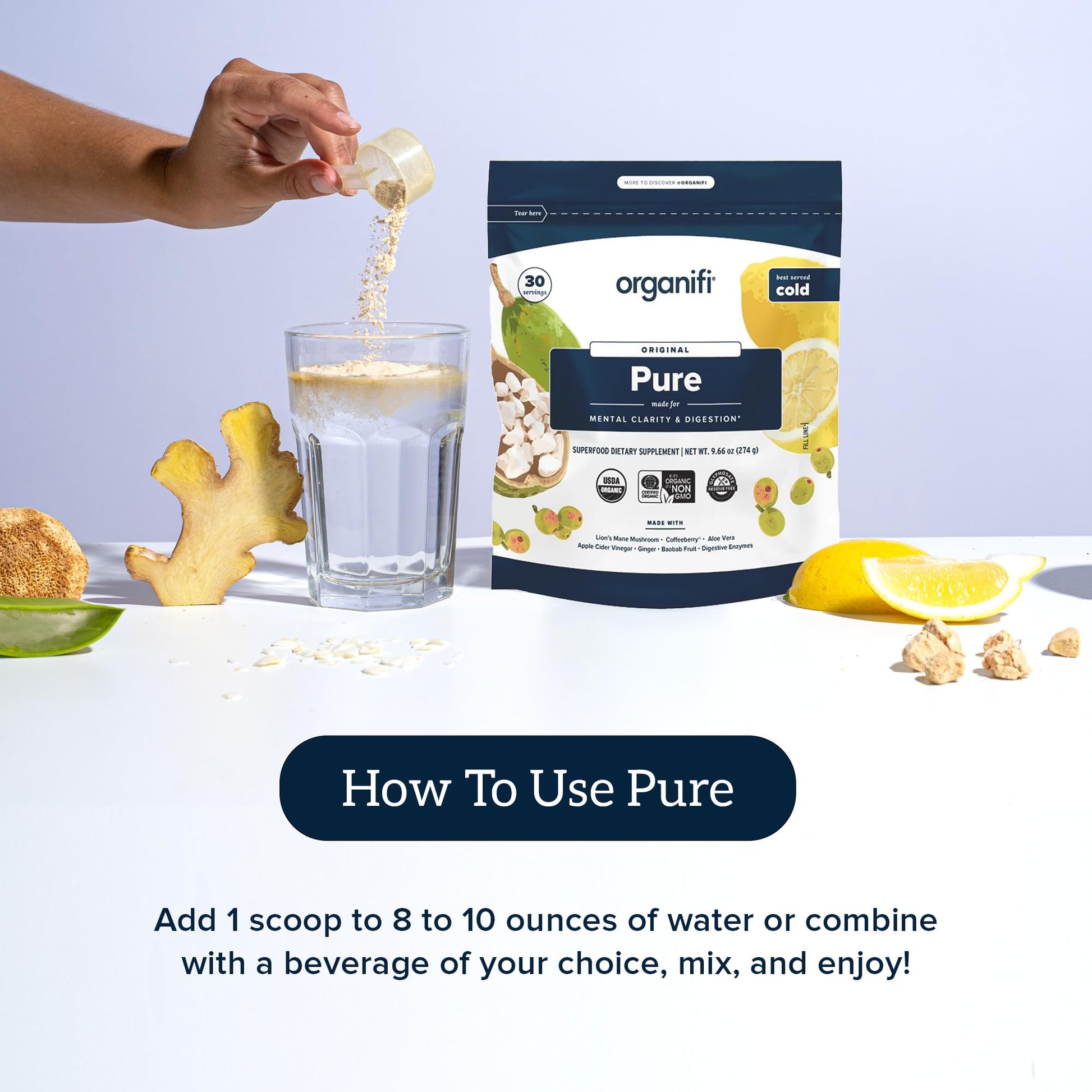 Organifi Pure - Promotes Stimulation in Learning, Memory, Focus, and Clarity - Brain Support with Superfoods - Gluten-Free and Non GMO - Best Served Cold, 30 Servings Organifi Au supplements