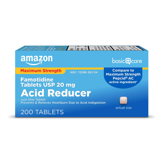Amazon Basic Care Maximum Strength Famotidine Tablets 20 mg, Acid Reducer for Heartburn Relief, Prevents & Relieves Acid Indigestion, Heartburn Medicine, 12 Hour Protection, 200 Count Amazon Basic CareAu supplements