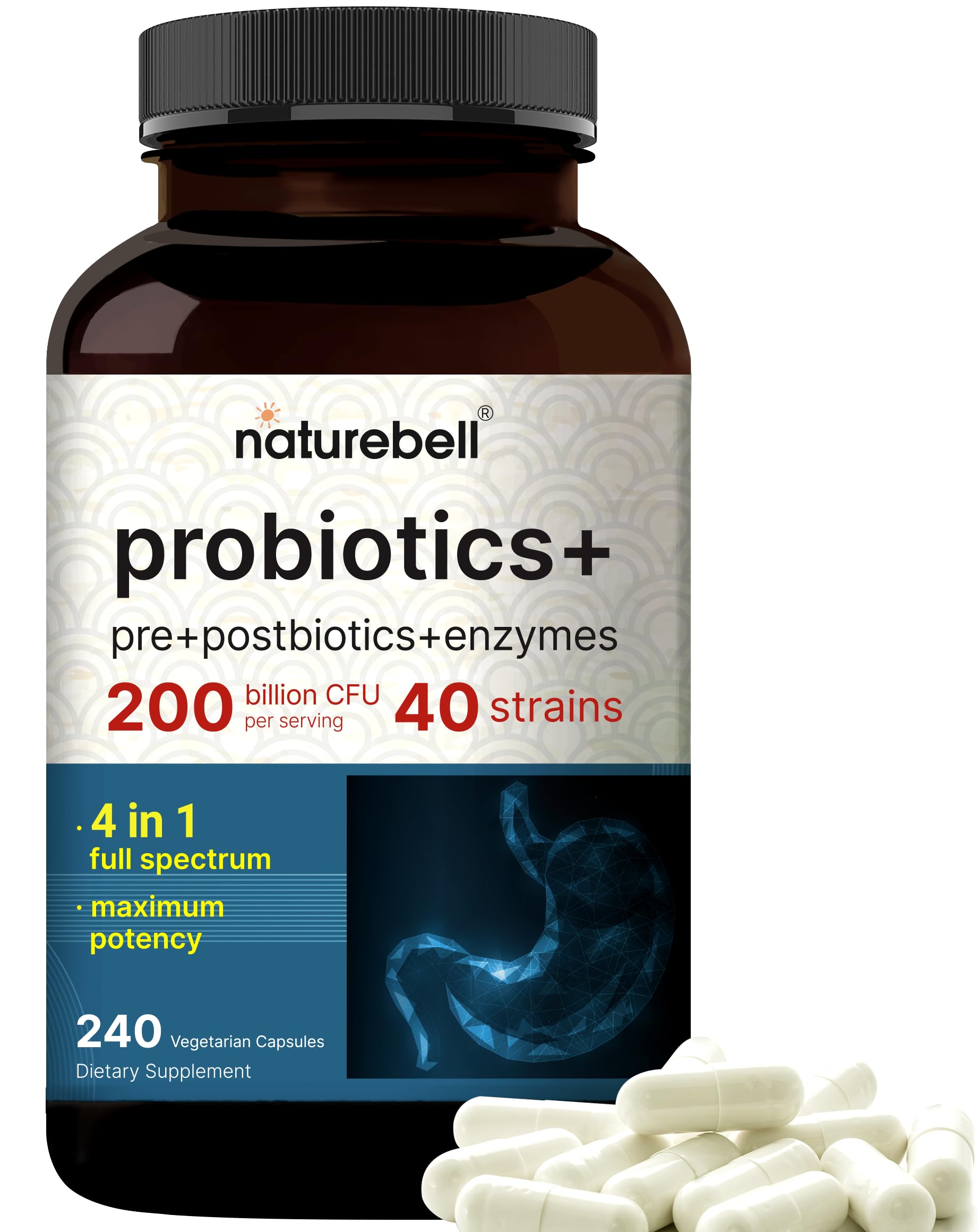 NatureBell Probiotic 200 Billion CFU – 40 Strains Per Serving | 240 Veggie Capsules with Prebiotics and Probiotics – Full Spectrum Complex with Enzymes – Daily Probiotics for Women & Men NatureBell Au supplements