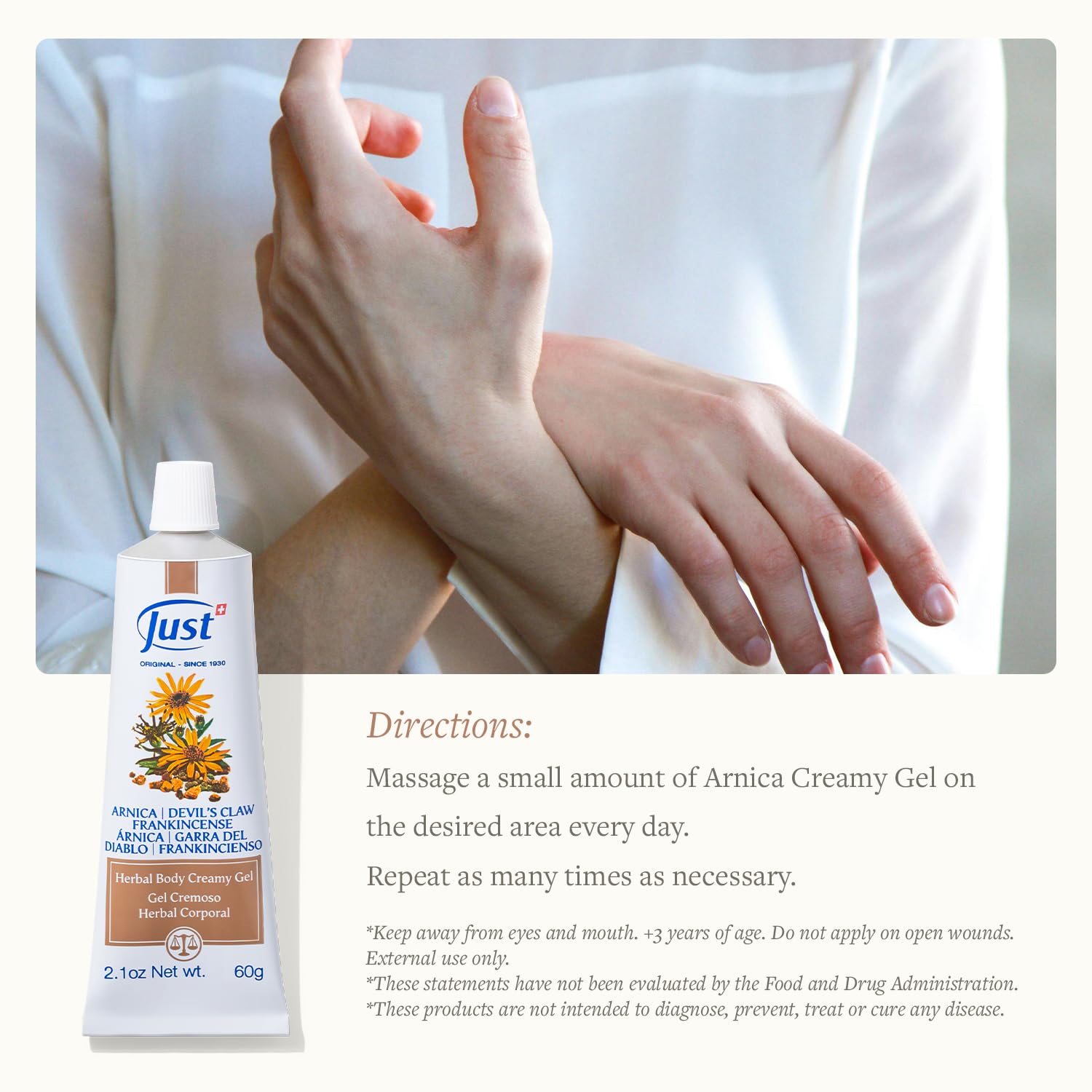 Swiss Just Arnica Gel, Arnica Creamy Gel 60g. Arnica Cream w/Devils Claw & Frankincense Oil. A Gentle Massage Cream on Wrists, Fingers, Knees, Ankles, Joints, Waist, Neck, and Back. SwissJust Au supplements