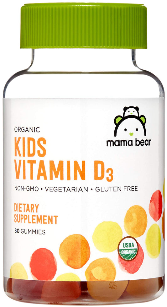 Amazon Brand - Mama Bear Organic Kids Vitamin D3 25 mcg (1000 IU) Gummies per serving, Bone and Immune Health, Strawberry, 80 Count Mama BearUS supplements