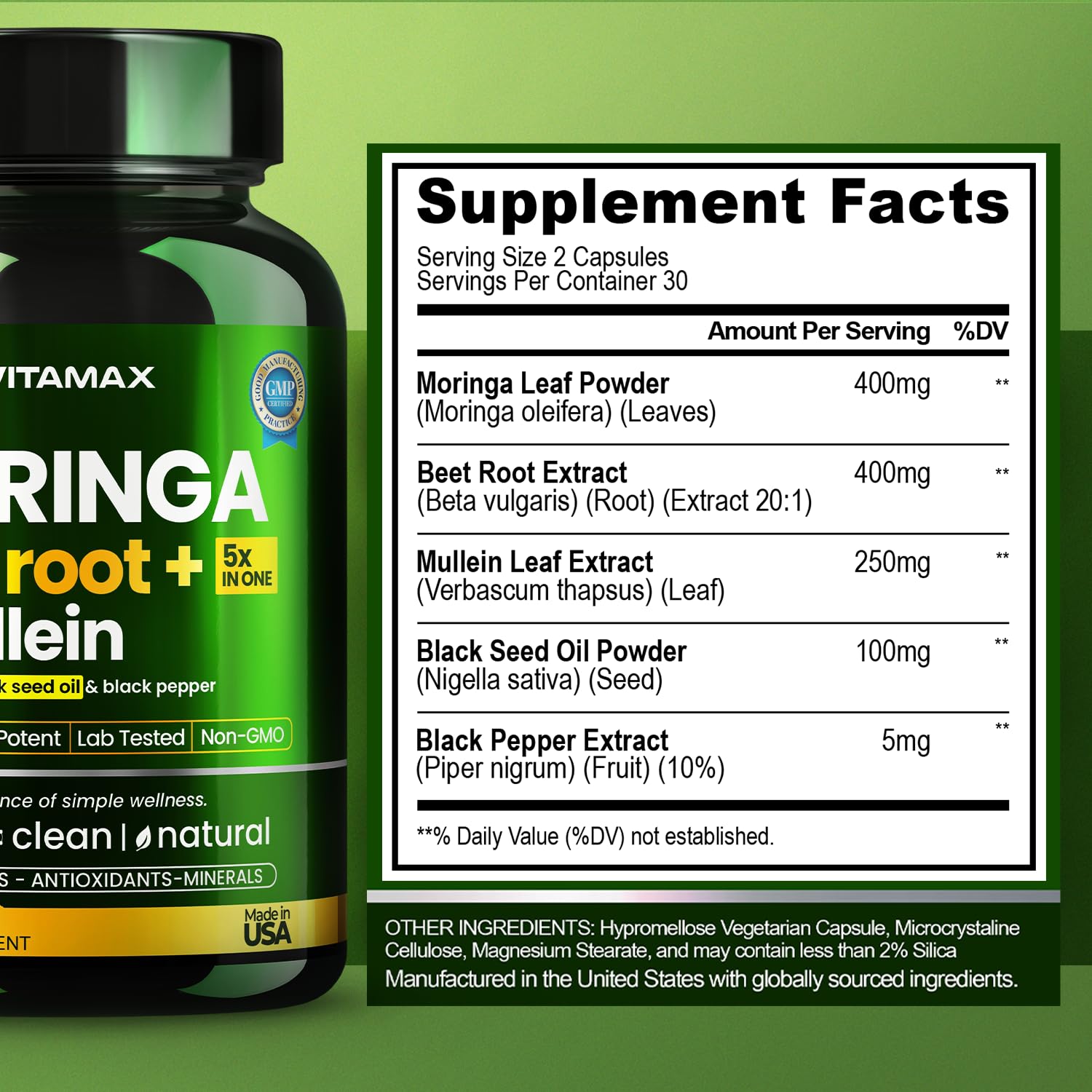 Moringa Capsules, Beet Root, Mullein Leaf - Energy, Skin, Immune Supplement Superfood, Rich in Antioxidants, Minerals & Essential Vitamins - High Absorption Non-GMO - Made in USA - 60ct Vitamax Au supplements