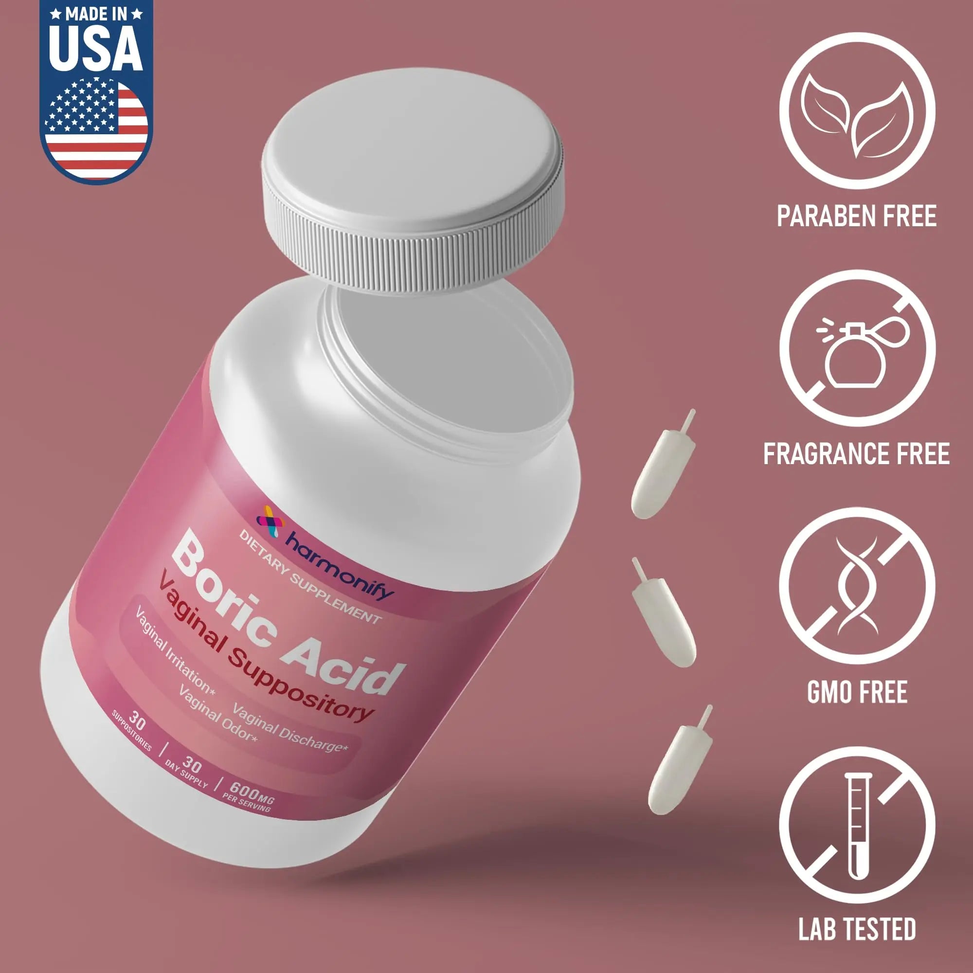 Boric Acid Suppositories for Women 600 mg, Pure Boric Acid pH Balance for Women & Vaginal Odor Control – 30 Suppositories, Made in USA HARMONIFY Au supplements