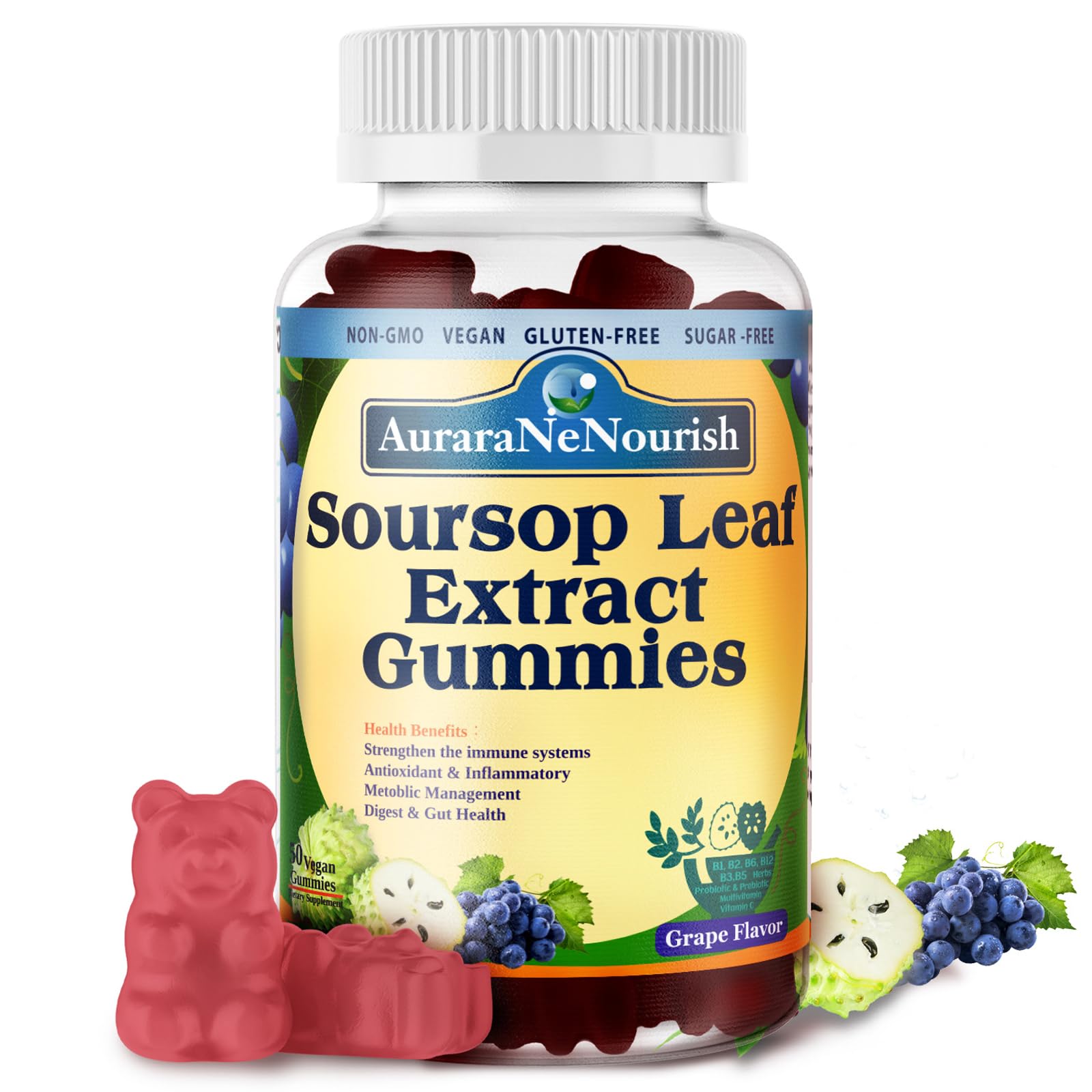 AuraraNeNourish Sugar Free Soursop Gummies with Probiotics & Fiber 100 Billion CFUs, Organic Soursop Leave Extract with Vitamin C B-Complex for Digestive Gut Health, Energy Balance, Immune Boost AuraraNeNourish Au supplements