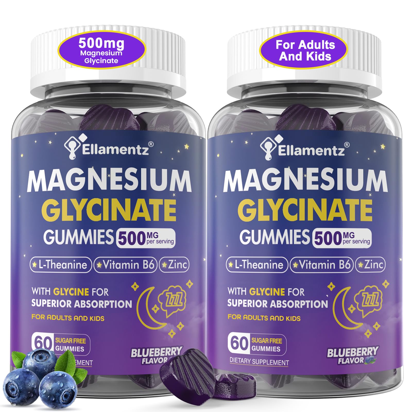 Magnesium Glycinate Gummies 500mg/250mg for Adults Kids Teens, Sugar Free Magnesium Calm Sleep Aid, Kids Sleep Gummies with L-Theanine Glycine B6 for Sleep, Calm, Muscle,Relax Brain,No Melatonin,2Pack ELLAMENTZ Au supplements