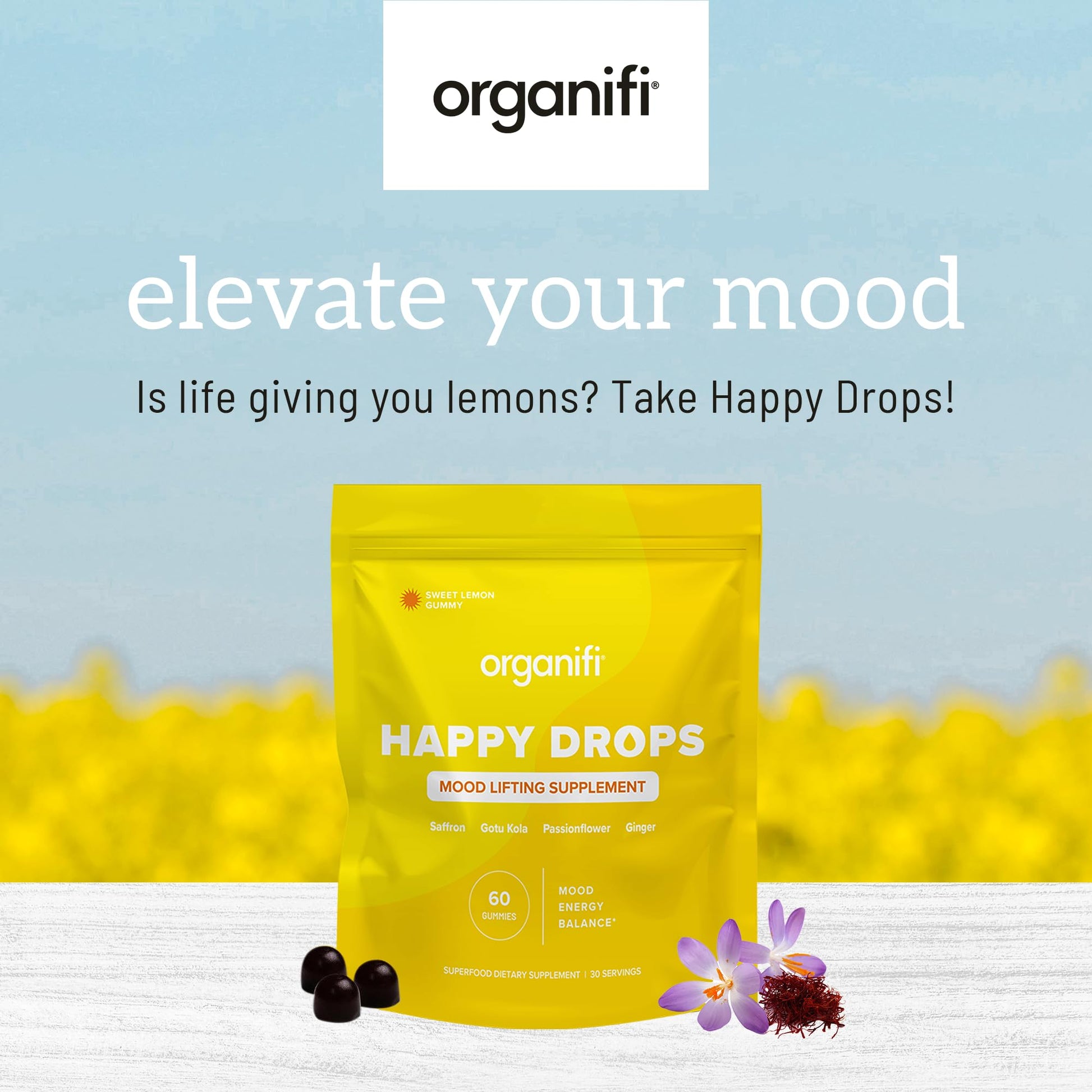 Organifi Happy Drops - Daily Superfood Happy Gummies for Adults - Mood Support Supplement for Balance, Bliss, Energy and Taking the Edge Off - Sweet Lemon Flavor - 60 Gummies Organifi Au supplements