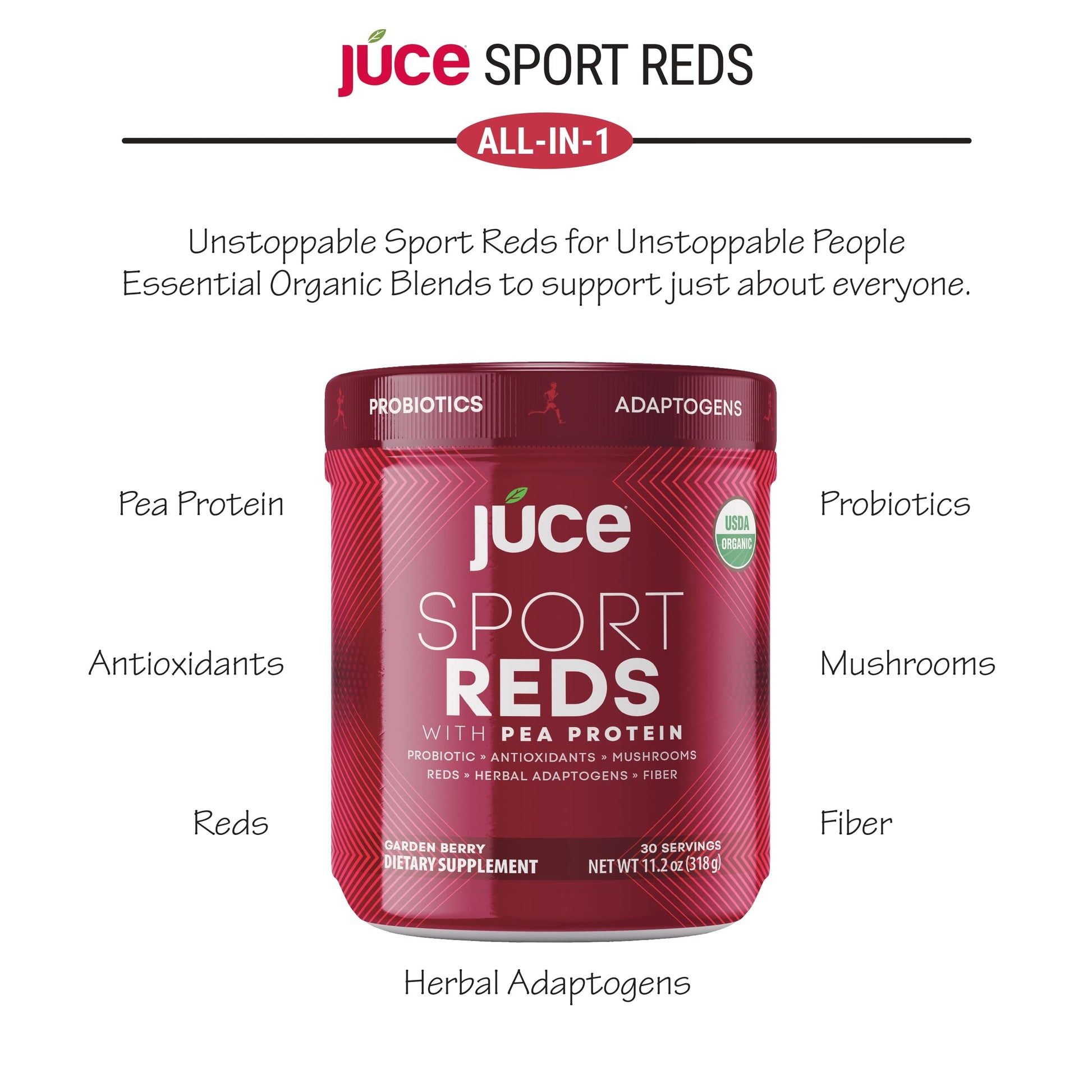 Terra Kai Organics Juce SR7 Sport Reds Organic Fruit & Veggies w/Pea Protein | 43 Superfoods, Antioxidants, Mushrooms, Beets, Herbal Adaptogens, Probiotic, Fiber, Garden Berry Flavor (30 Servings) Terra Kai Organics Au supplements