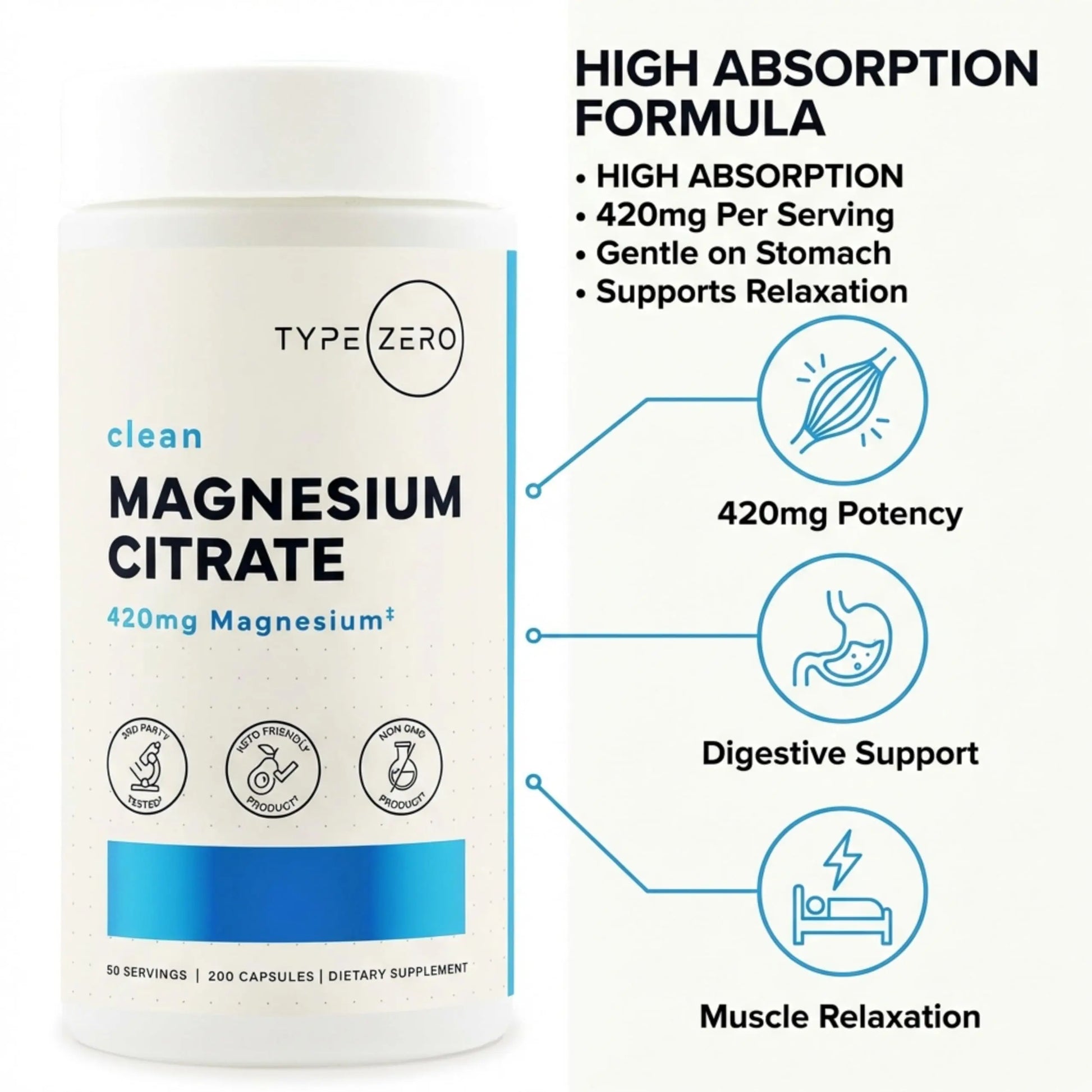 Type Zero Clean Magnesium Citrate Capsules (420mg Per Serving - 200 Capsules) Pure Magnesium Citrate Supplement, Non-GMO - Gluten Free, 50 Servings Type Zero Au supplements