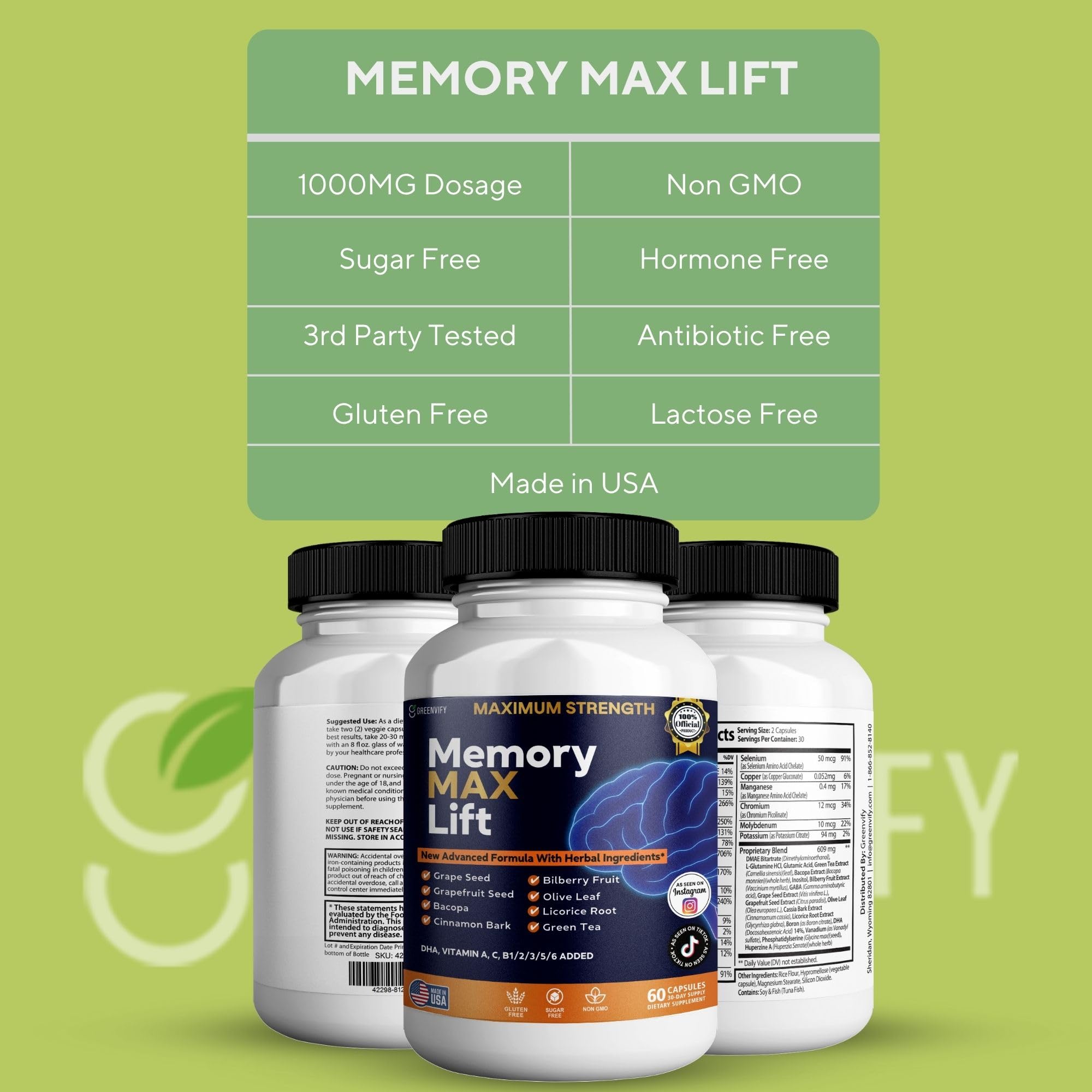 GREENVIFY Memory MAX Lift Brain Support Supplement, 60 Capsules, with Vitamins and Herbal Blend, 30 Day Supply (1) GREENVIFY Au supplements