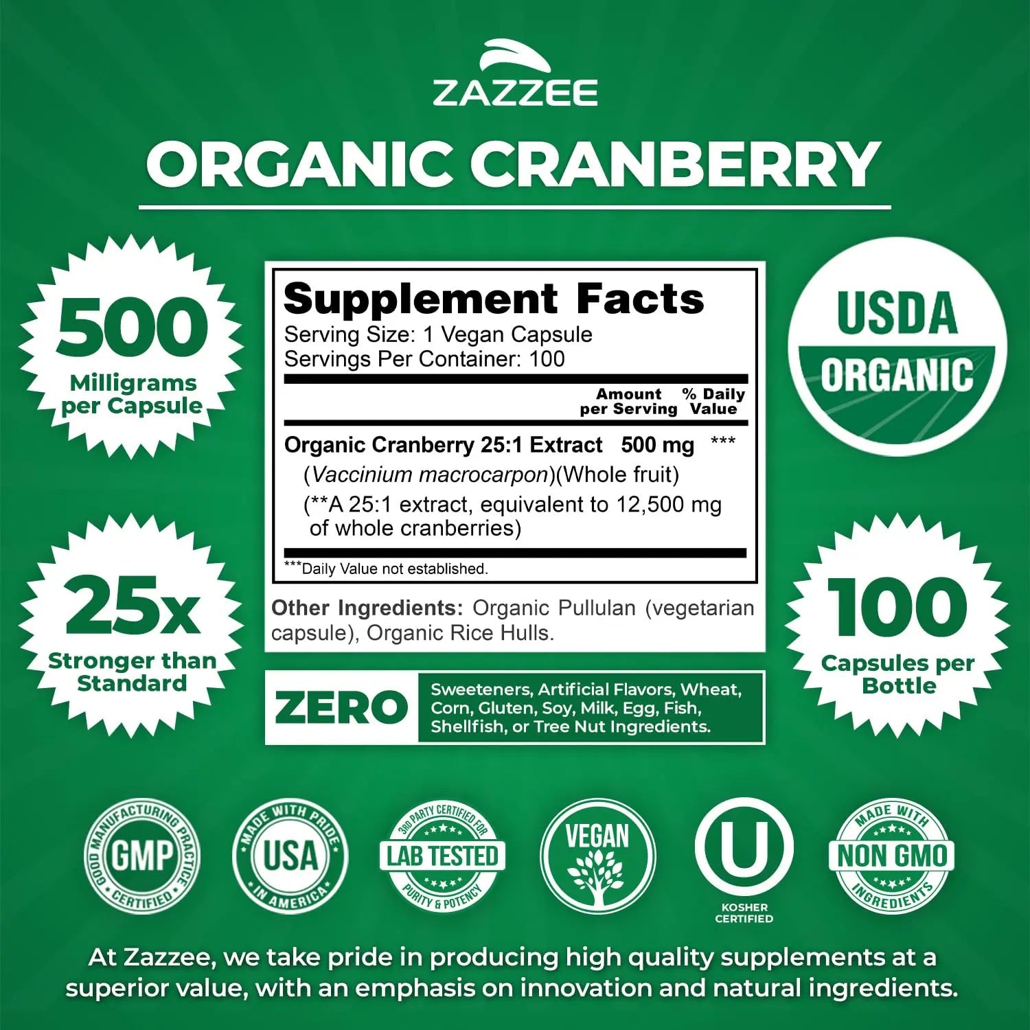 Zazzee USDA Organic Cranberry 25:1 Extract, 500 mg per Capsule, 100 Vegan Capsules, 3+ Month Supply, Certified Kosher, Vaccinium Macrocarpon, Urinary Tract & Bladder Support, Non-GMO, Made in the USA Zazzee Au supplements