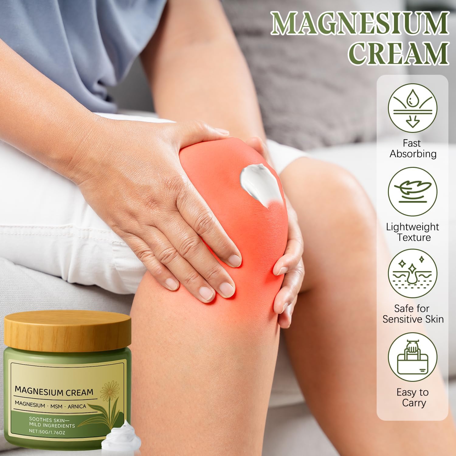 Magnesium Cream with MSM & Arnica,Nerve Relief Mild Ingredients for Skin Soothing,Fast-Absorbing Non-Greasy Massage Cream for Daily Comfort Generic Au supplements