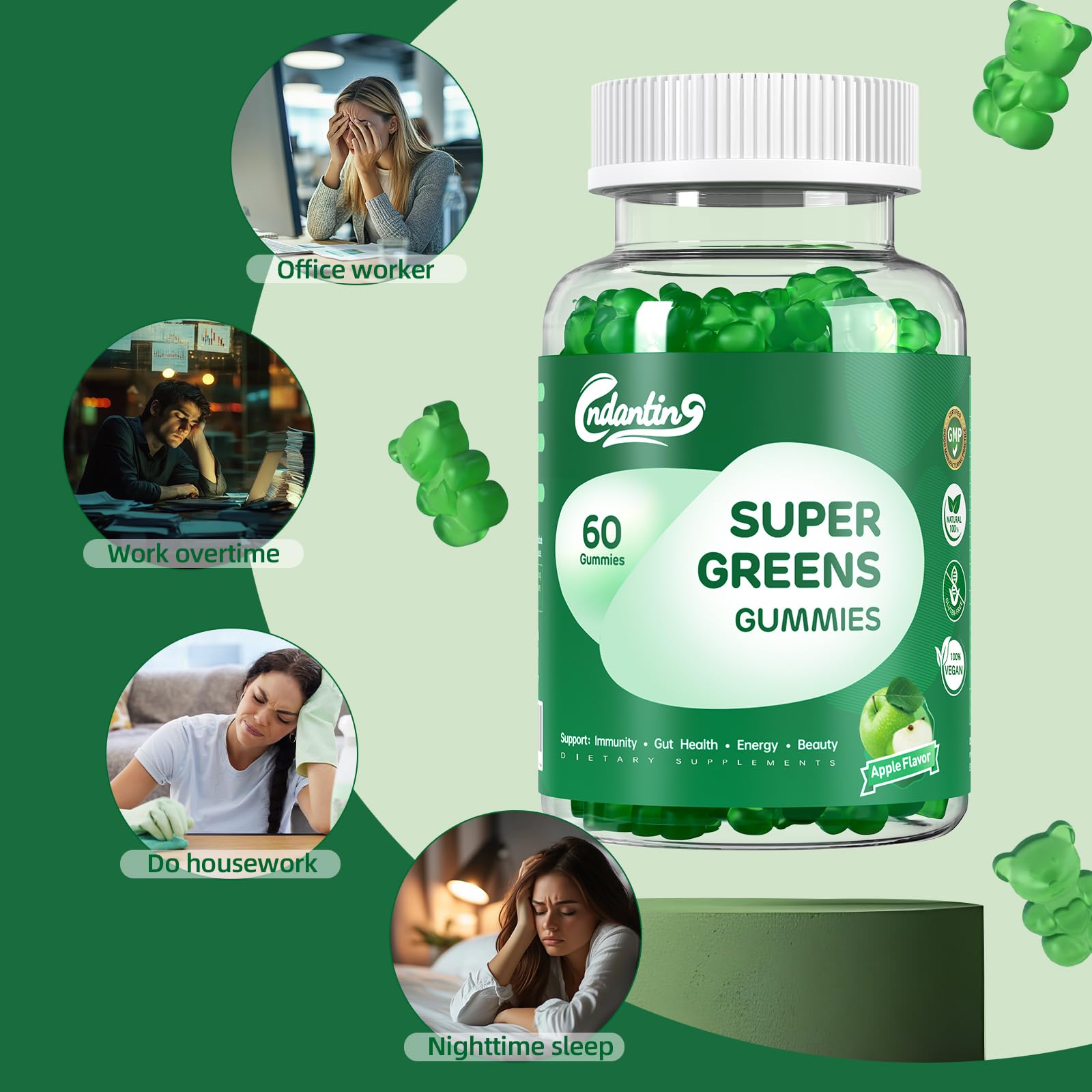 Multivitamin Super Greens Gummies - Daily Vegan Gummy Vitamins for Women, Apple Flavor | Organic Blend with Vitamin C, Turmeric, Zinc, Immune Support, Energy Booster, Metabolism | 60 Count CNDANTING Au supplements