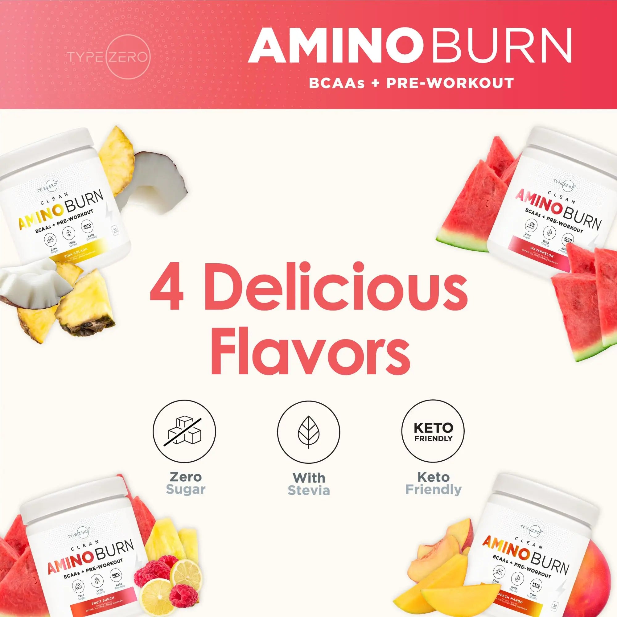 Type Zero AminoBurn (Watermelon Flavored) - Vegan Amino Acids BCAA Drink Sugar-Free Energy Drink Powder & Amino Acids Supplement - Natural Energy Type Zero Au supplements
