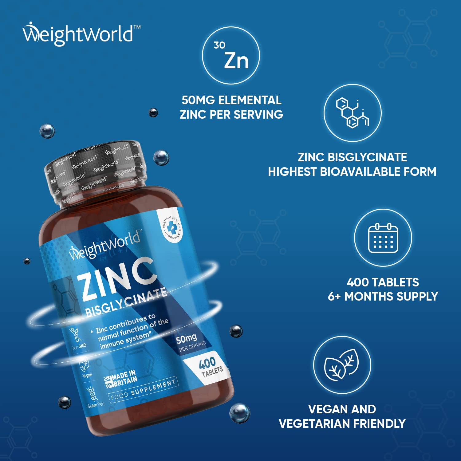 High Strength Zinc Tablets 50mg – 400 Vegan Zinc Bisglycinate Tablets 6+ Months WeightWorld Au supplements