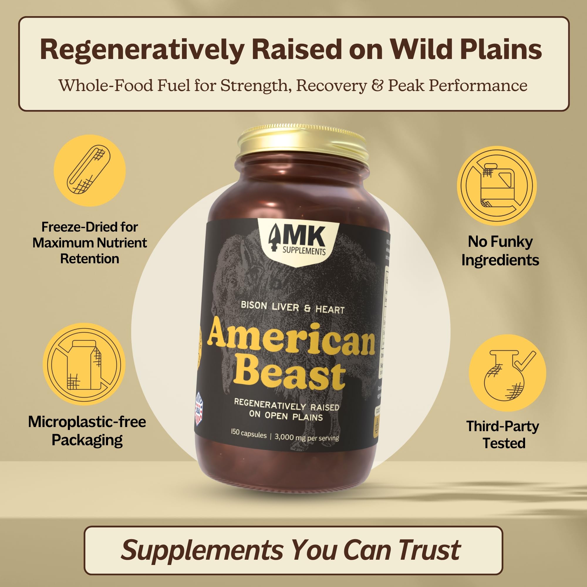 MK Supplements American Beast | Bison Liver & Heart Capsules | ~49x More CoQ10 Than Beef Liver | Regeneratively Raised Bison | 150 Capsules MK Supplements Au supplements