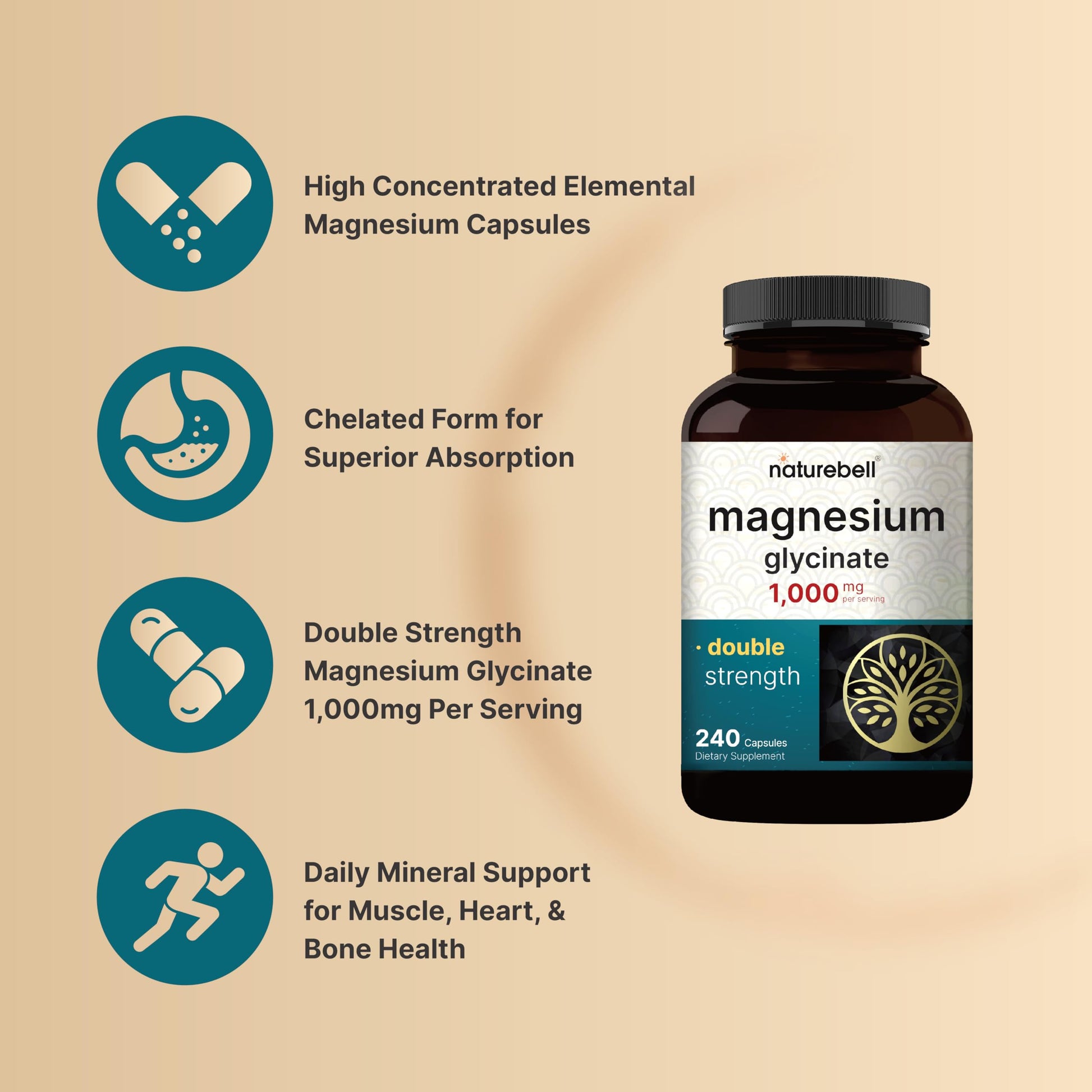 NatureBell Magnesium Glycinate 1,000mg, 240 Capsules | 500mg per Capsule | 100% Chelated & Purified | Sleep, Muscle & Nerve Support | Non-GMO, Gluten-Free NatureBell Au supplements
