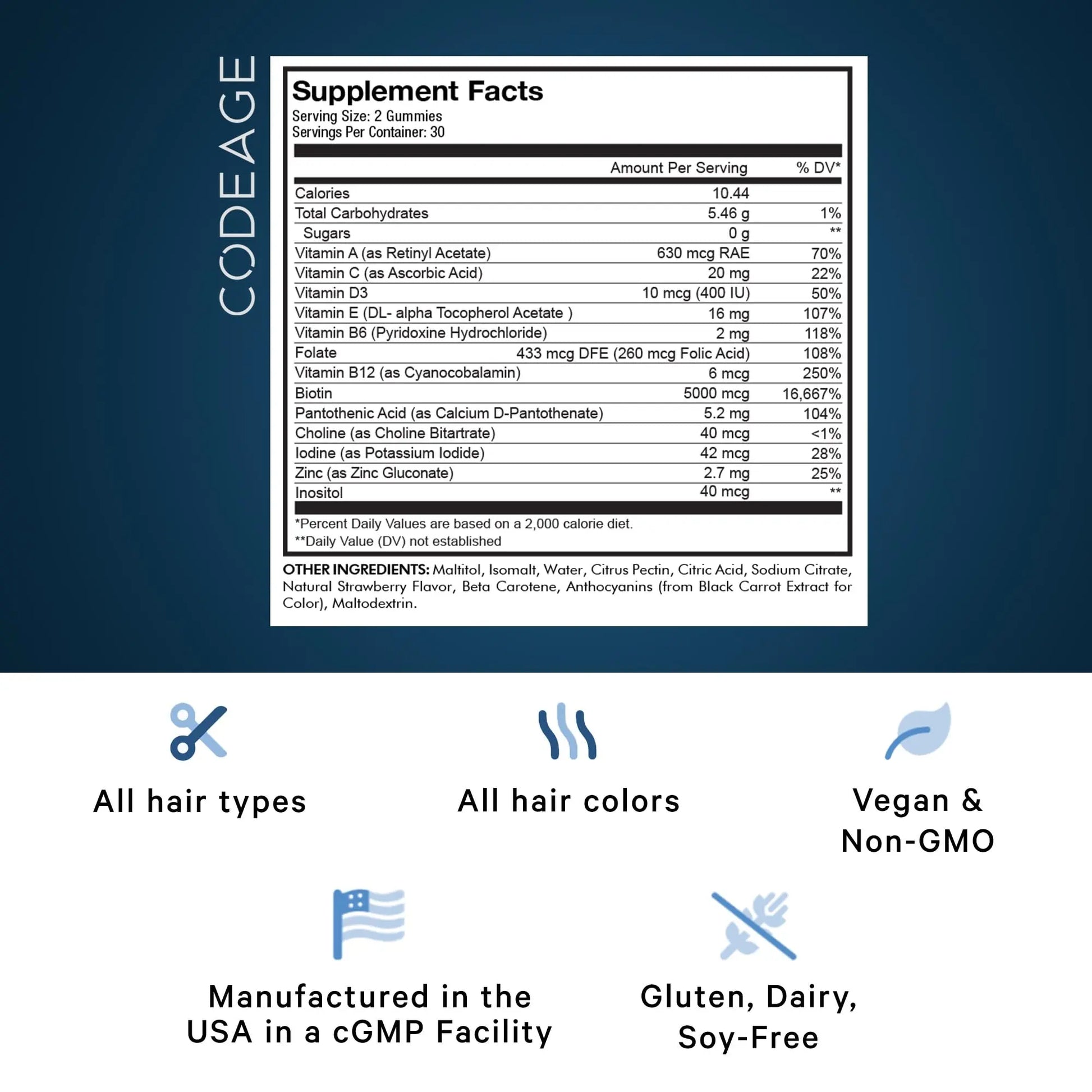 Codeage Hair Gummies, Biotin 5000 mcg, Sugar Free Growth Gummy Vitamins A, C, B6, B12, D3, Zinc, Inositol Supplement Codeage Au supplements