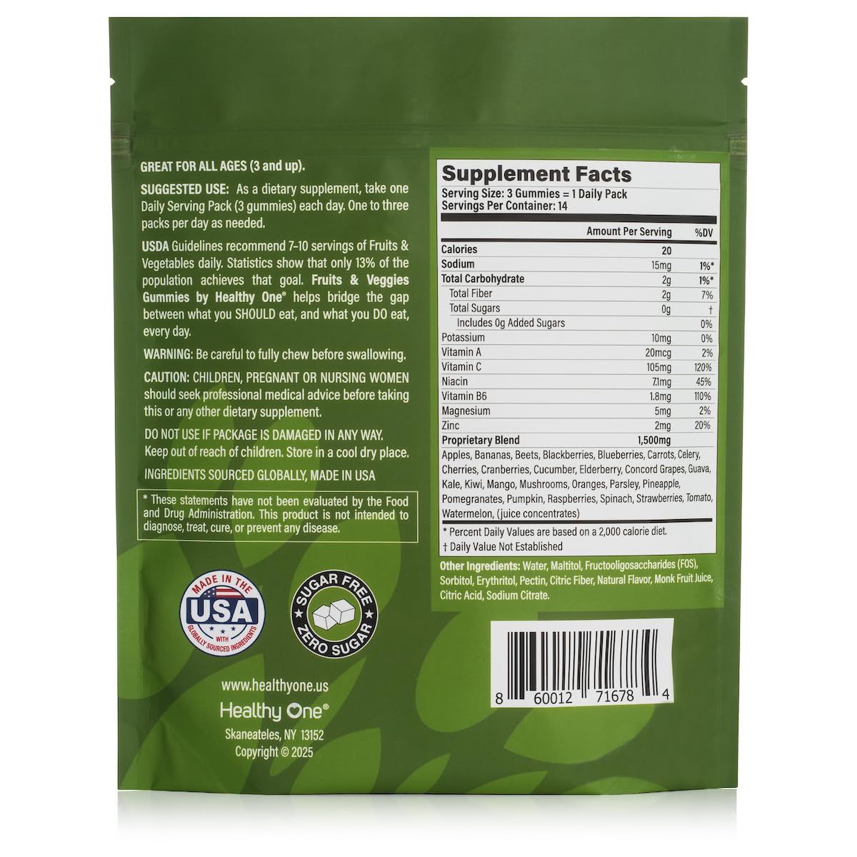 Fruits & Veggies Sugar-Free Gummies - 27 Whole Foods - Equals 3 Servings of Fruits & Vegetables - Improve Energy, Focus & Immune Function - Fiber - Antioxidants - Organic Ingredients - 14 Packets Healthy One Au supplements