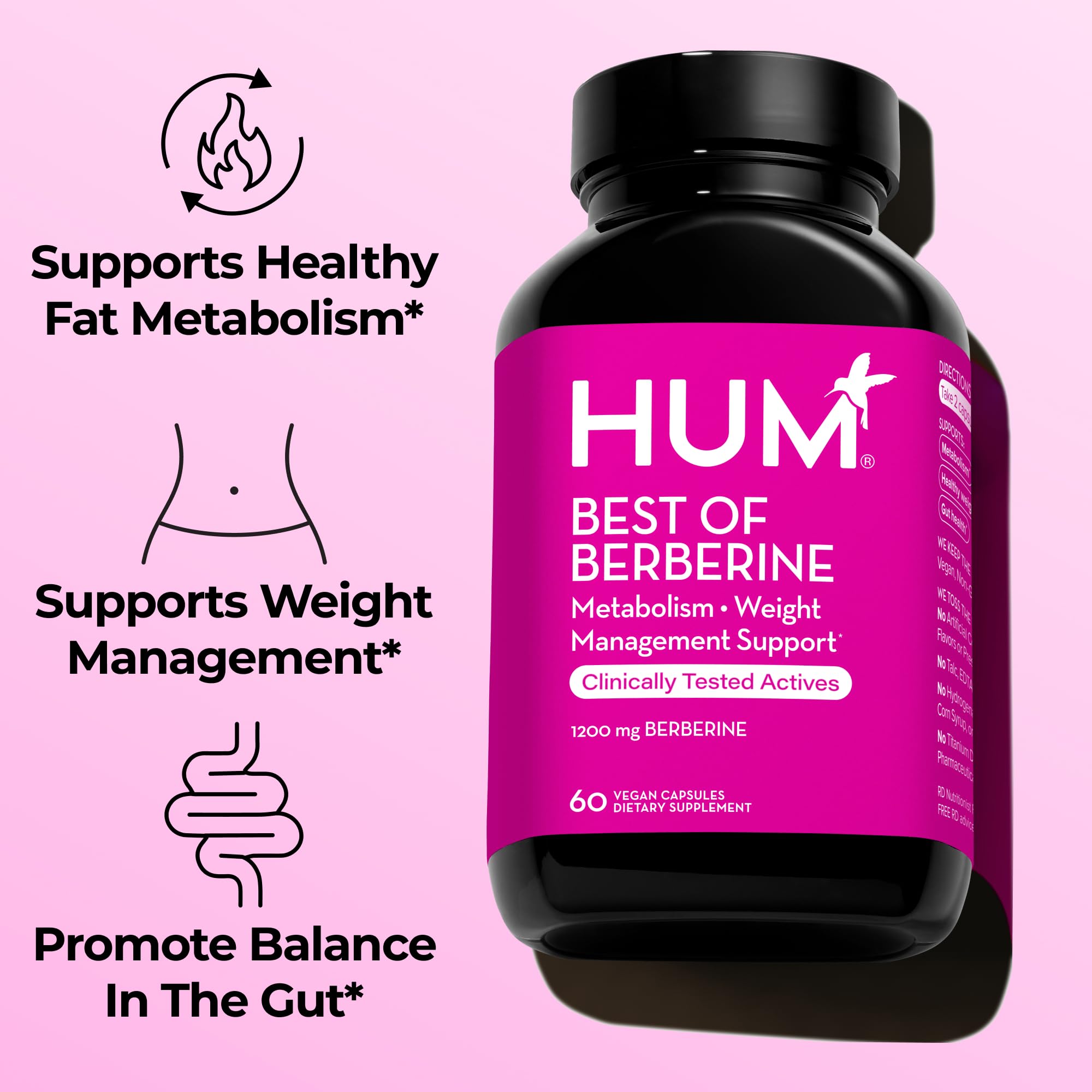HUM Best of Berberine Supplement 1200mg, Pure Potency for Metabolic Wellness, Gut Health, Pure Berberine Supplements Enhanced with BioPerine for Maximum Absorption, 60 Capsules HUM Au supplements