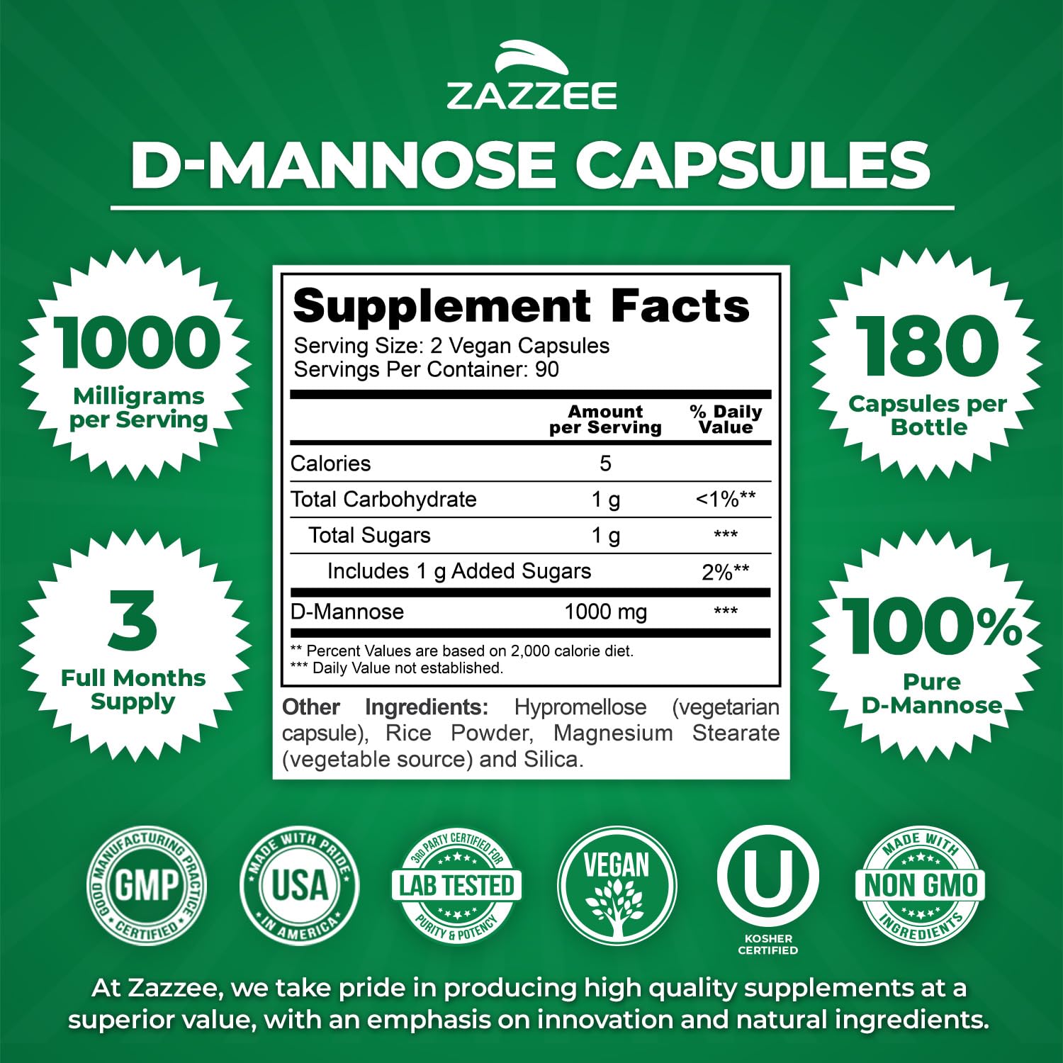 Zazzee D-Mannose, 1000 mg per Serving, 180 Vegan Capsules, 3 Month Supply, Potent & Fast-Acting, Certified Kosher, 100% Pure, All-Natural Urinary Tract Health Support, 100% Vegetarian, Non-GMO Zazzee Au supplements