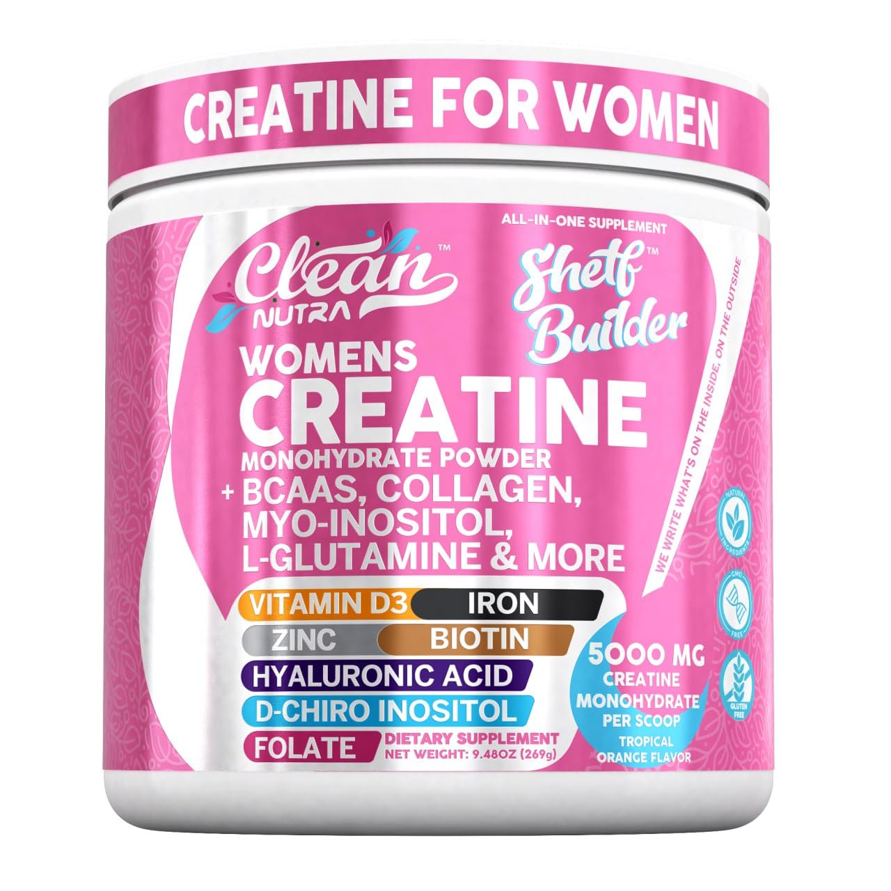 Creatine for Women | Creatine Monohydrate + BCAA Powder Myo-Inositol Collagen Biotin Hyaluronic Acid Folate L Glutamine Vitamin D3 Iron Zinc D-Chiro-Maca Digestion Shelf Builder by Clean Nutra Clean Nutraceuticals Au supplements