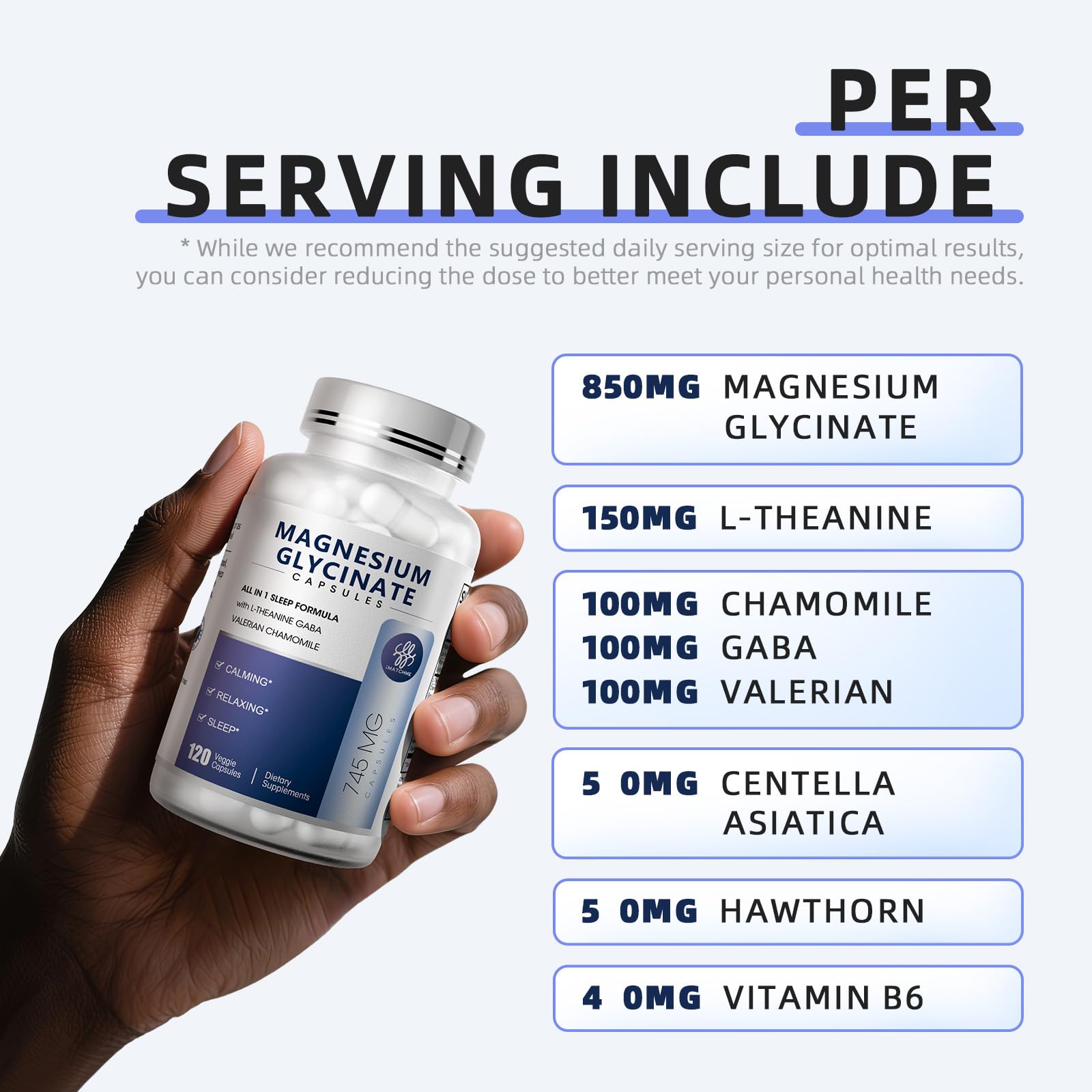 iMATCHME Magnesium Glycinate 850mg Capsules with L-Theanine, Chamomile & GABA for Sleep, Calmness, Muscle, Bone Health & Immune Support, Magnesium for Women and Men, Vegan, High-Absorption, 120 Count iMATCHME Au supplements