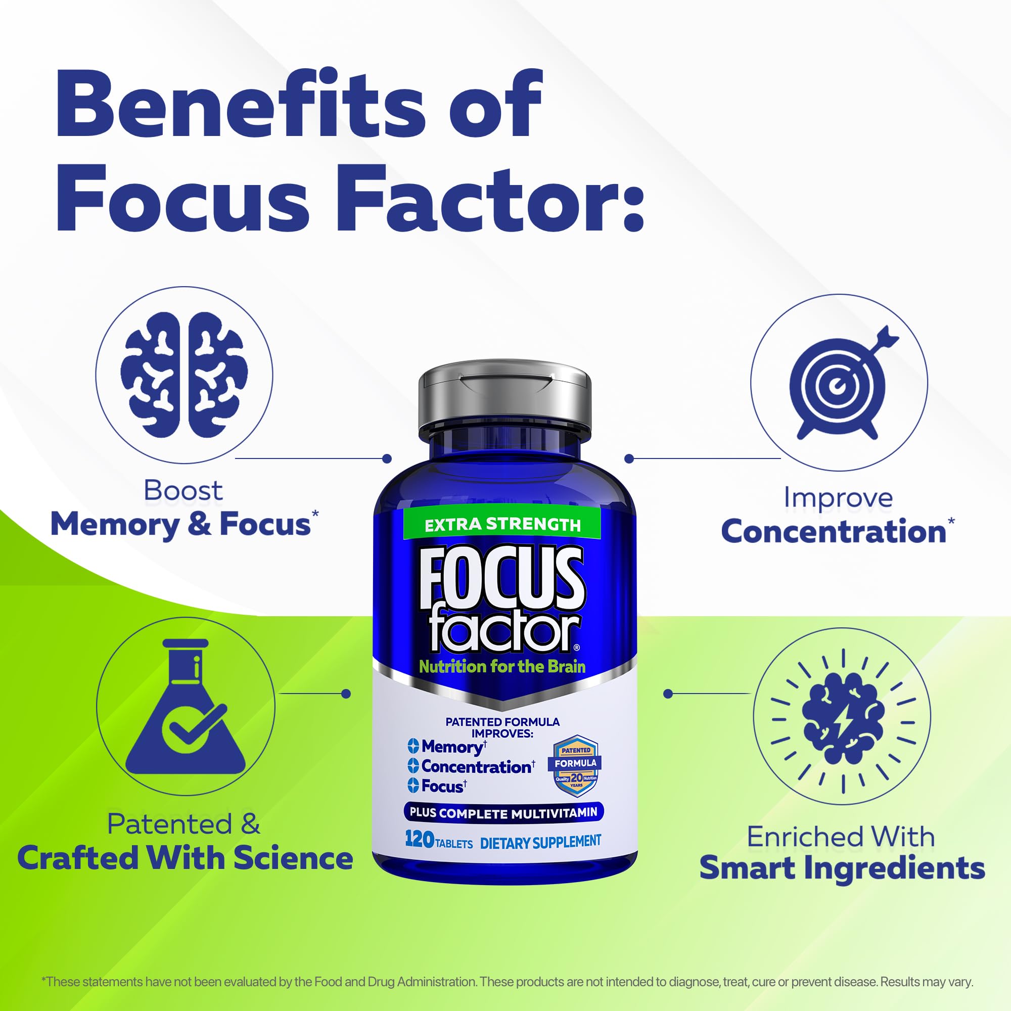 Focus Factor Adults Extra Strength, 120 Count - Brain Supplement for Memory, Concentration and Focus - Complete Multivitamin with DMAE, Vitamin D, DHA - Trusted Health Vitamins Focus Factor Au supplements