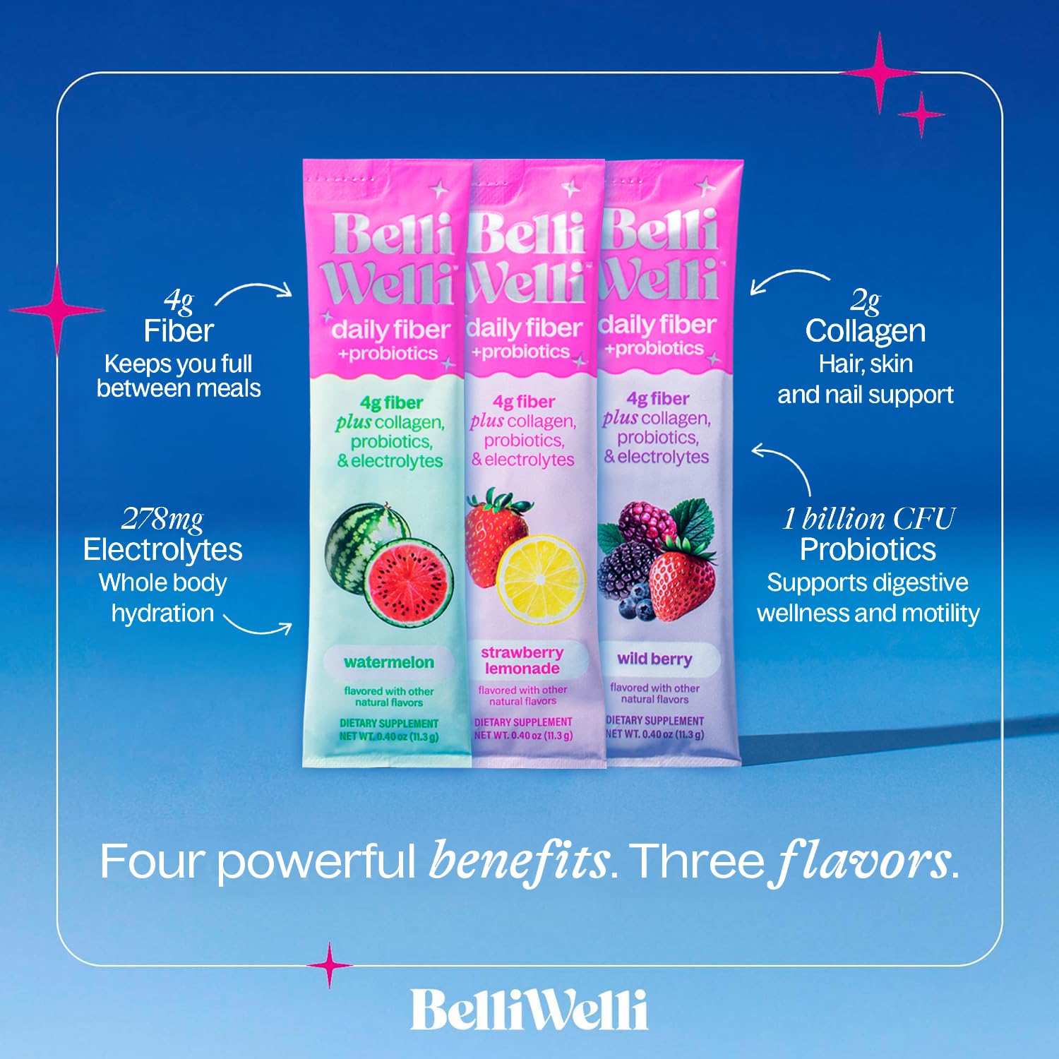 Belli Welli Daily Fiber Supplement Packets with Collagen, Probiotics & Electrolytes | Single Serve Packets for Gut Health, Digestion & Debloating | Variety | 10 Count Belli Welli Au supplements
