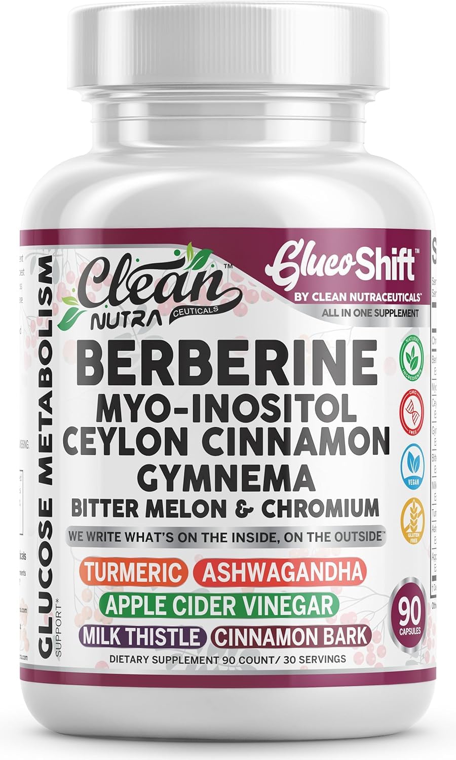 Clean Nutra Berberine Supplement Myo-Inositol Ceylon Cinnamon Gymnema Bitter Melon Chromium Complex for Digestion, Antioxidant Support & Wellness 90 Vegan Capsules Non-GMO Clean Nutraceuticals Au supplements