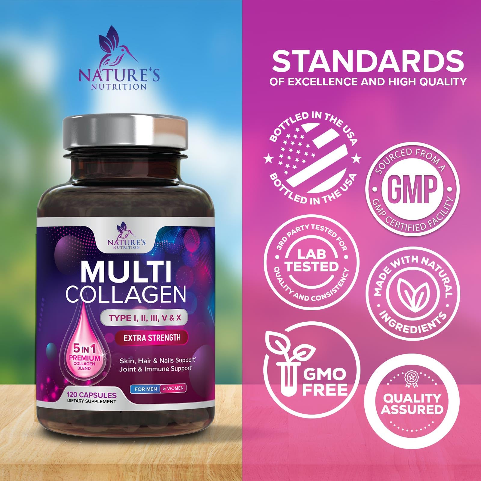 Multi Collagen Pills 2400 mg - Advanced Types I, II, III, V, X - Hydrolyzed Multi Collagen Peptides Pills, Collagen Supplements for Women & Men - Hair, Skin, & Nail Support Supplement - 120 Capsules Nature's Nutrition Au supplements