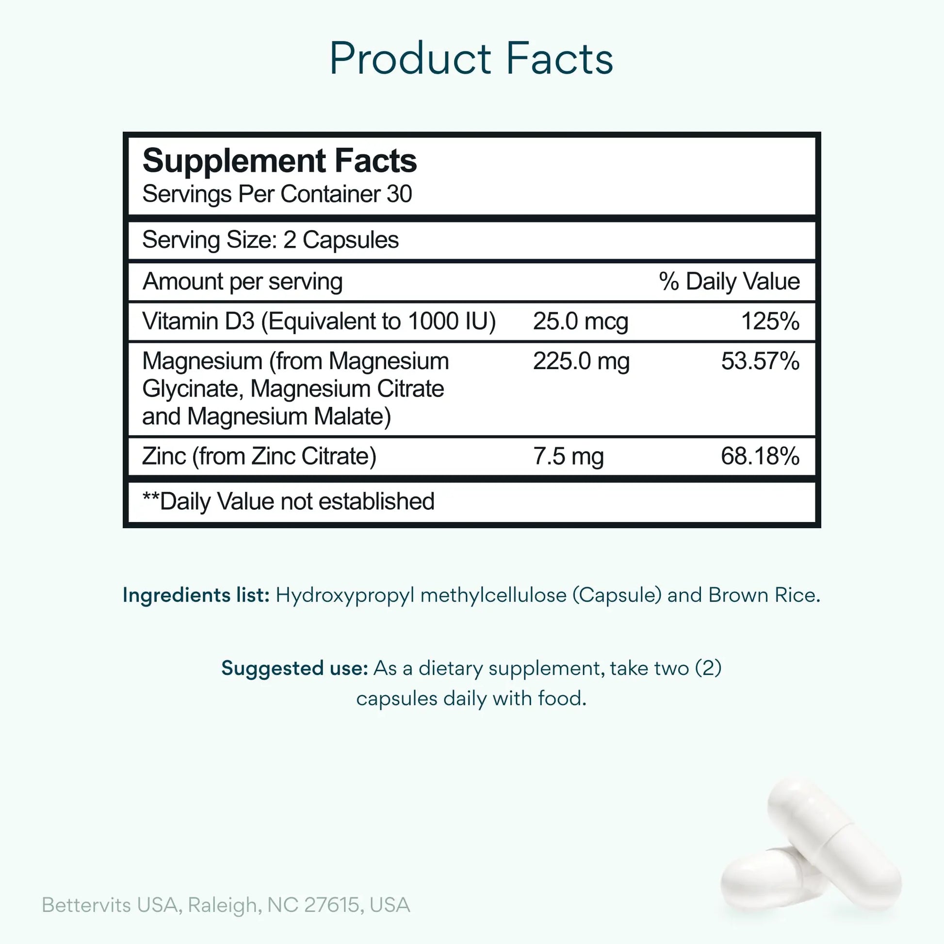 Bettervits Magnesium Glycinate Complex with Citrate Malate Zinc & Vitamin D3 | High Absorption Pure Magnesium 225mg Supplement Chelated Formula for Muscle Relaxation, Sleep Support – 60 Capsules Bettervits Au supplements