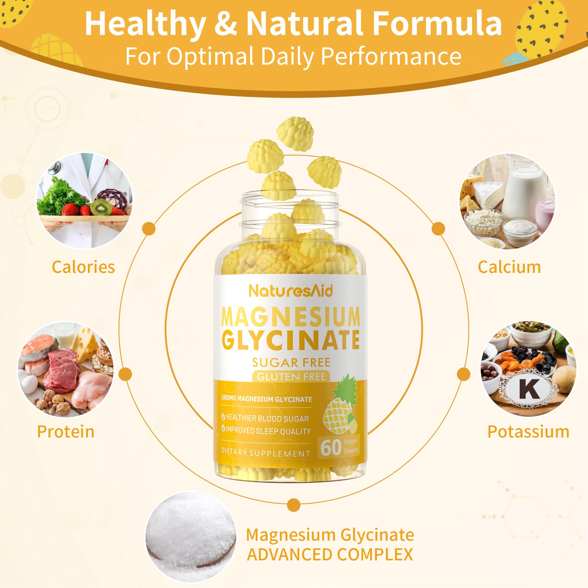 Magnesium Glycinate Gummies 1000mg - Sugar Free Magnesium Potassium Supplement with Vitamin D, B6, CoQ10 for Calm Mood & Sleep Support - 60 Pineapple Gummies -1 Pack Natures Aid Au supplements