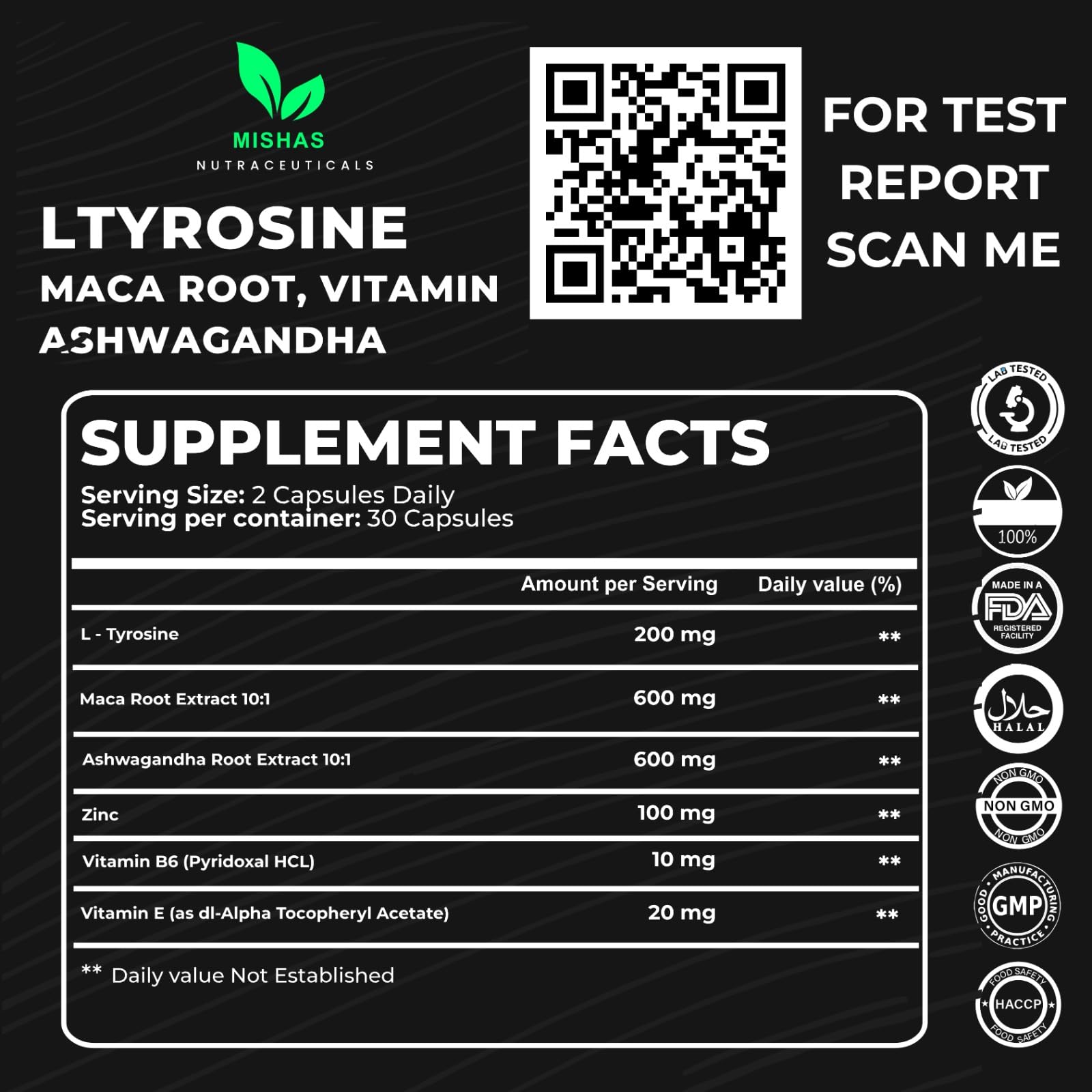 Mishas Nutraceuticals L-Tyrosine with Maca Root, Ashwagandha & Vitamins Complex – Energy, Mental Focus, Stress Relief & Immunity Support – 60 Capsules (30 Servings) Mishas Au supplements