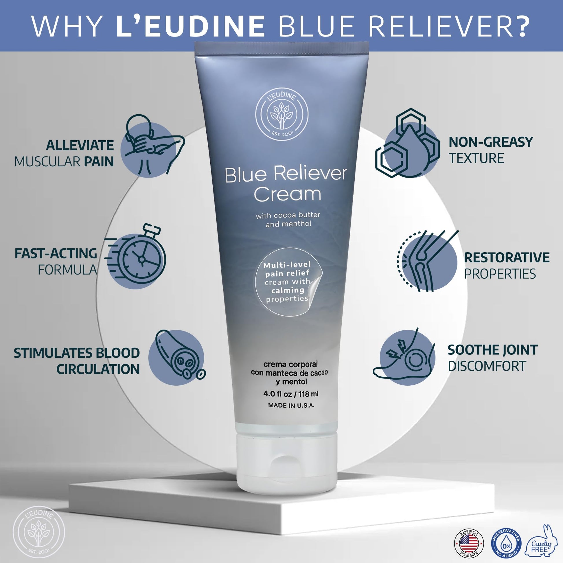 L'EUDINE Blue Reliever Cream – Joint and Muscle Therapy, Body Cream with Cocoa Butter and Menthol L'eudine Au supplements