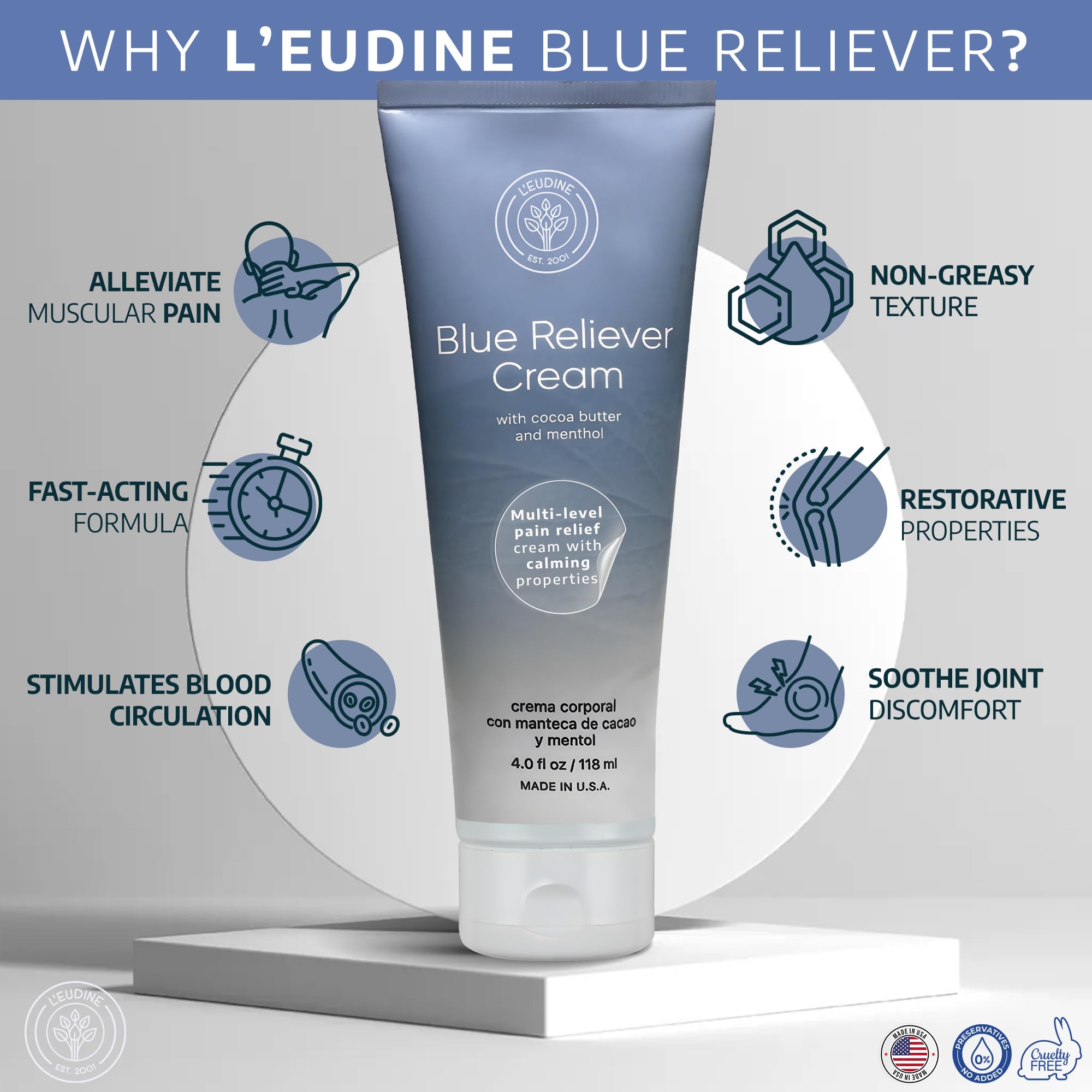 L'EUDINE Blue Reliever Cream – Joint and Muscle Therapy, Body Cream with Cocoa Butter and Menthol L'eudine Au supplements