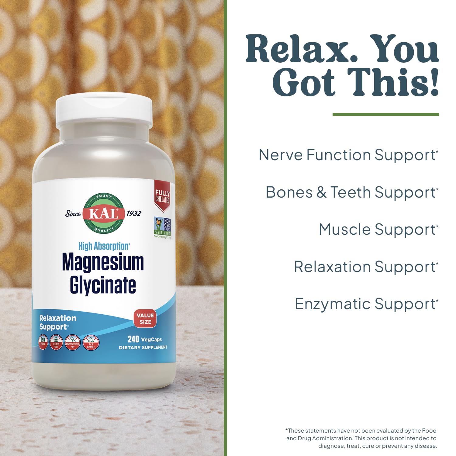 KAL Magnesium Glycinate, New & Improved Fully Chelated High Absorption Formula with BioPerine, Bisglycinate Chelate for Stress, Relaxation, Muscle & Bone Health Support, 60 Servings, 240 VegCaps KAL Au supplements