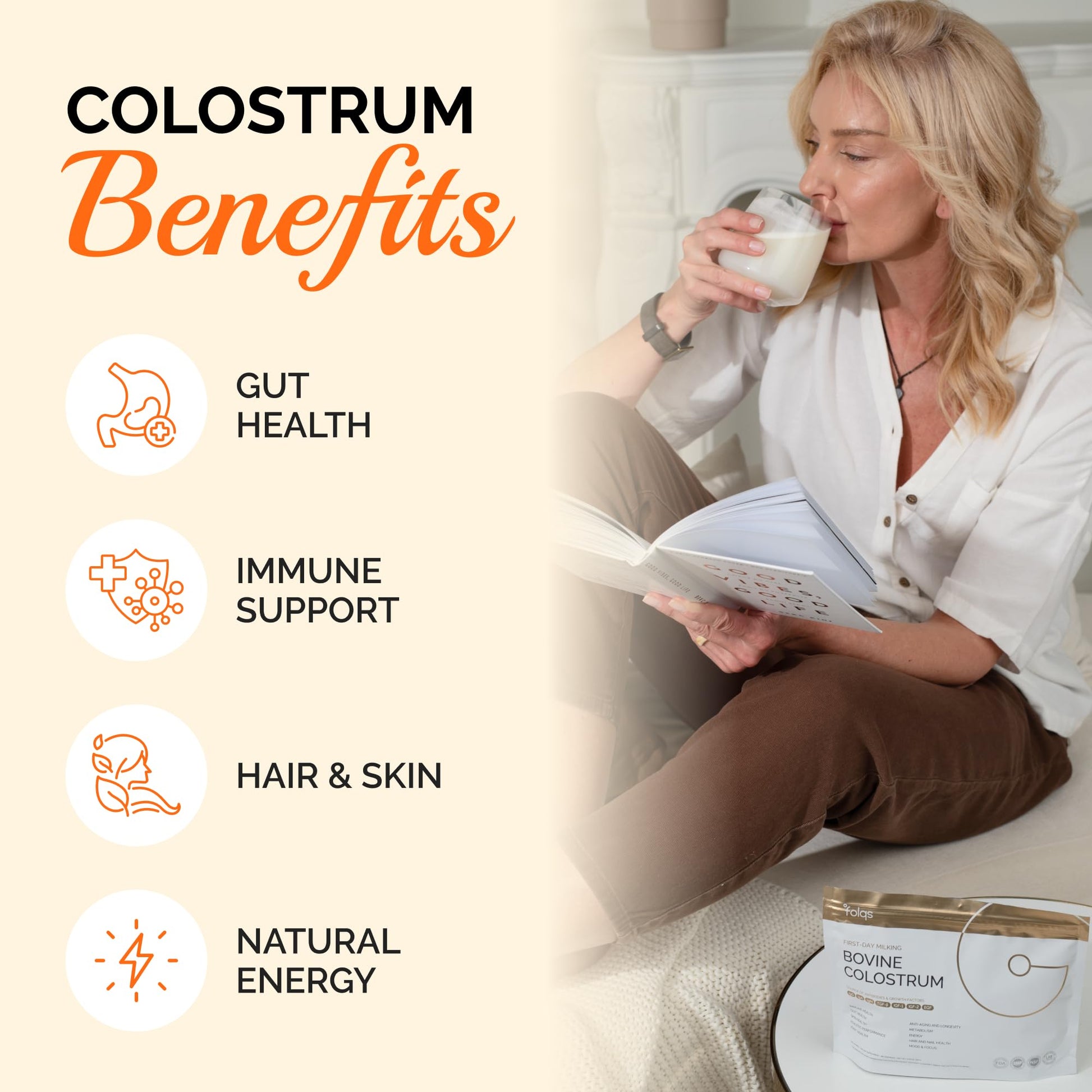 Folqs Bovine Colostrum Powder – First-Day Milking for Immune & Gut Support – 60 Servings – Supports Skin & Tissue Health – Made in USA - Amino Acids, Vitamins, Minerals – Kosher - Sustainably Sourced Folqs Au supplements
