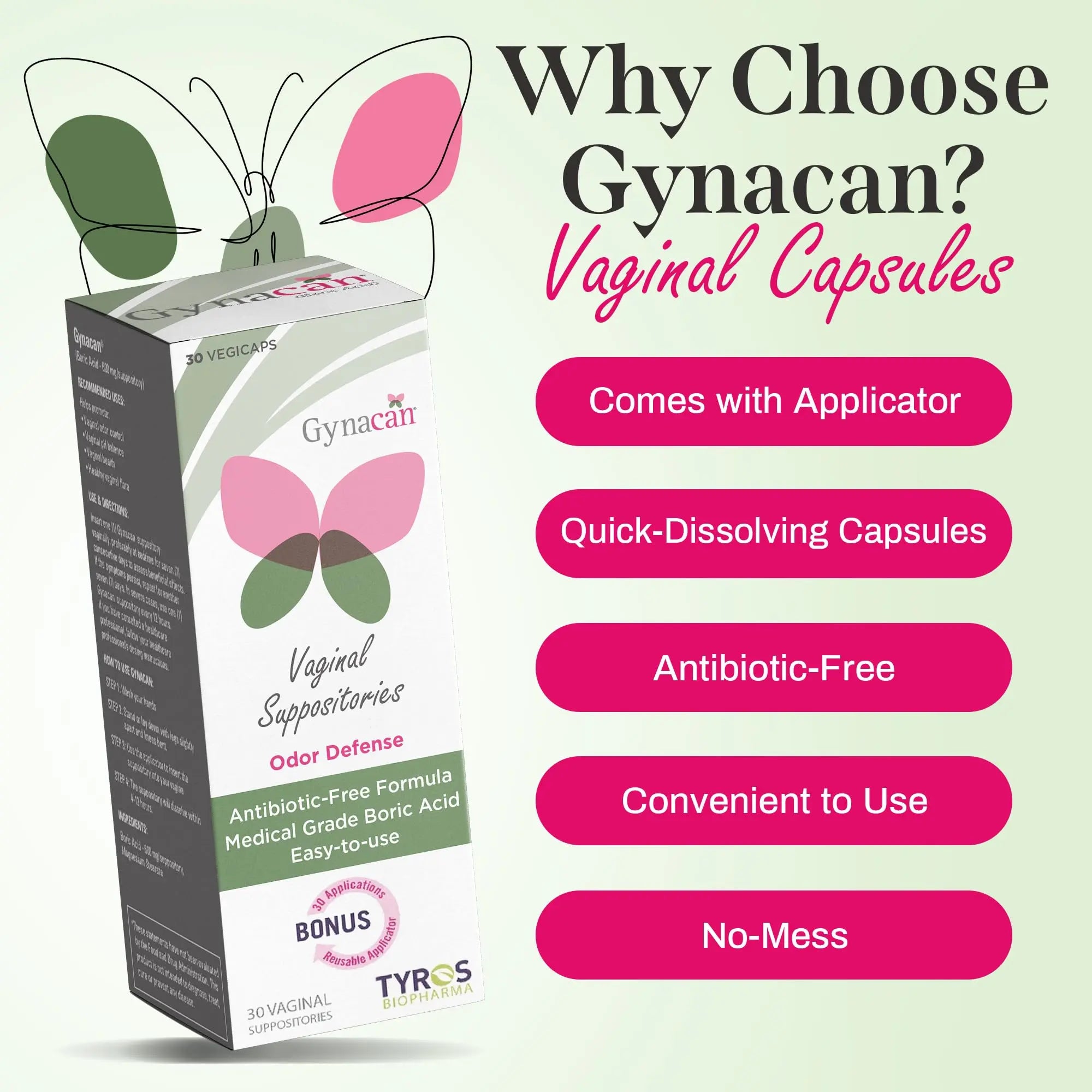 Gynacan Boric Acid Suppositories for Women - pH Balance Vaginal Treatment for Women Odor Prevention, Pure Formula, No-Mess Applicator, Gentle & Effective Gynacan Au supplements