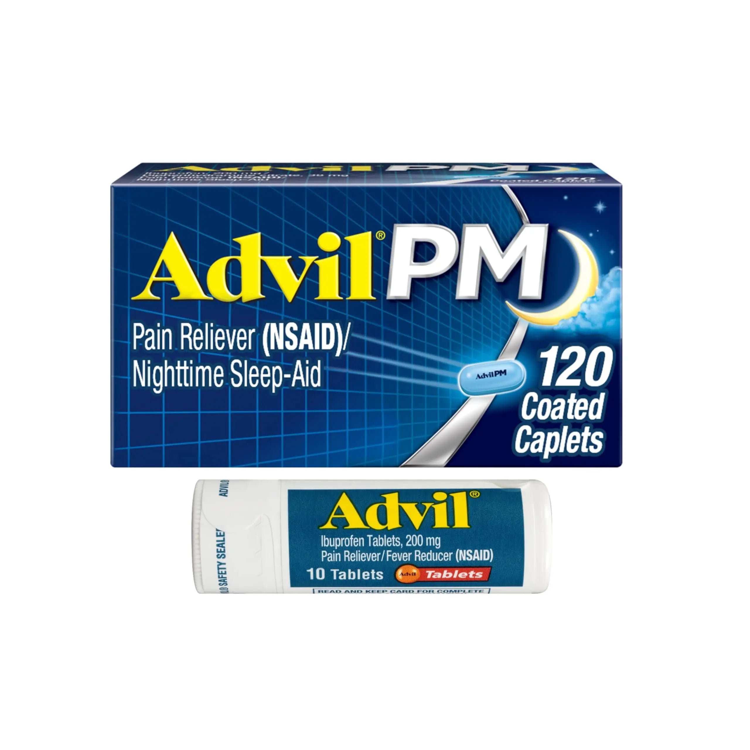 Advil PM Pain Reliever and Nighttime Sleep Aid, Ibuprofen for Pain Relief and Diphenhydramine Citrate for a Sleep Aid - 120 Coated Caplets and Pain Reliever and Fever Reducer, 10 Count Tablets Advil Au supplements