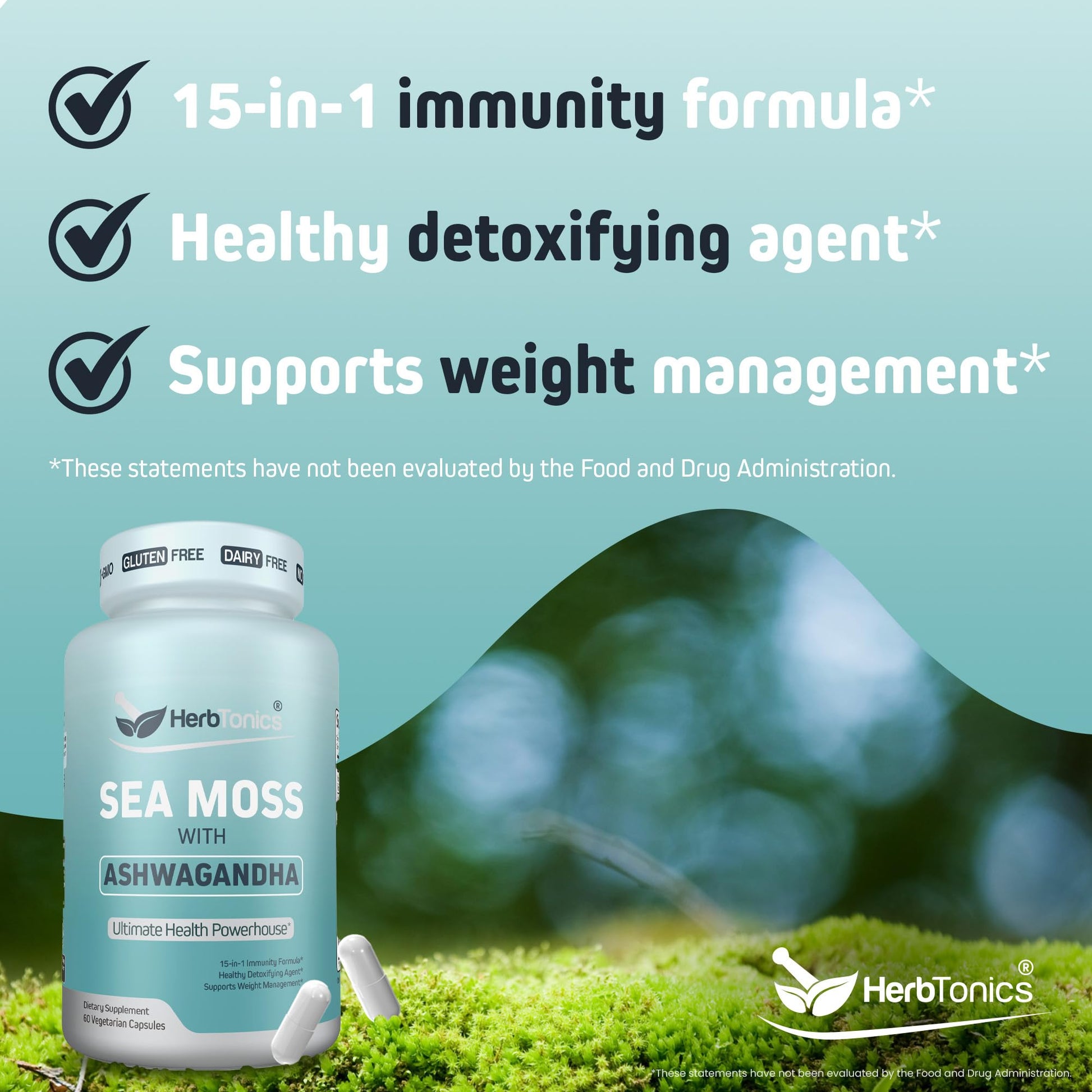 Herbtonics Sea Moss, Black Cumin Seed, Ashwagandha, Burdock Root & ACV Complex | Manage Immunity, Stress & Digestion Support | 60 Capsules (2 Capsules Per Serving) Herbtonics Au supplements