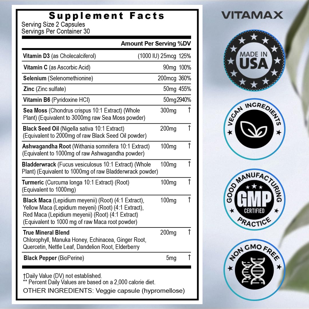 Sea Moss, Maca, Black Seed Oil, Ashwagandha, Bladderwrack, Turmeric Vitamax Au supplements