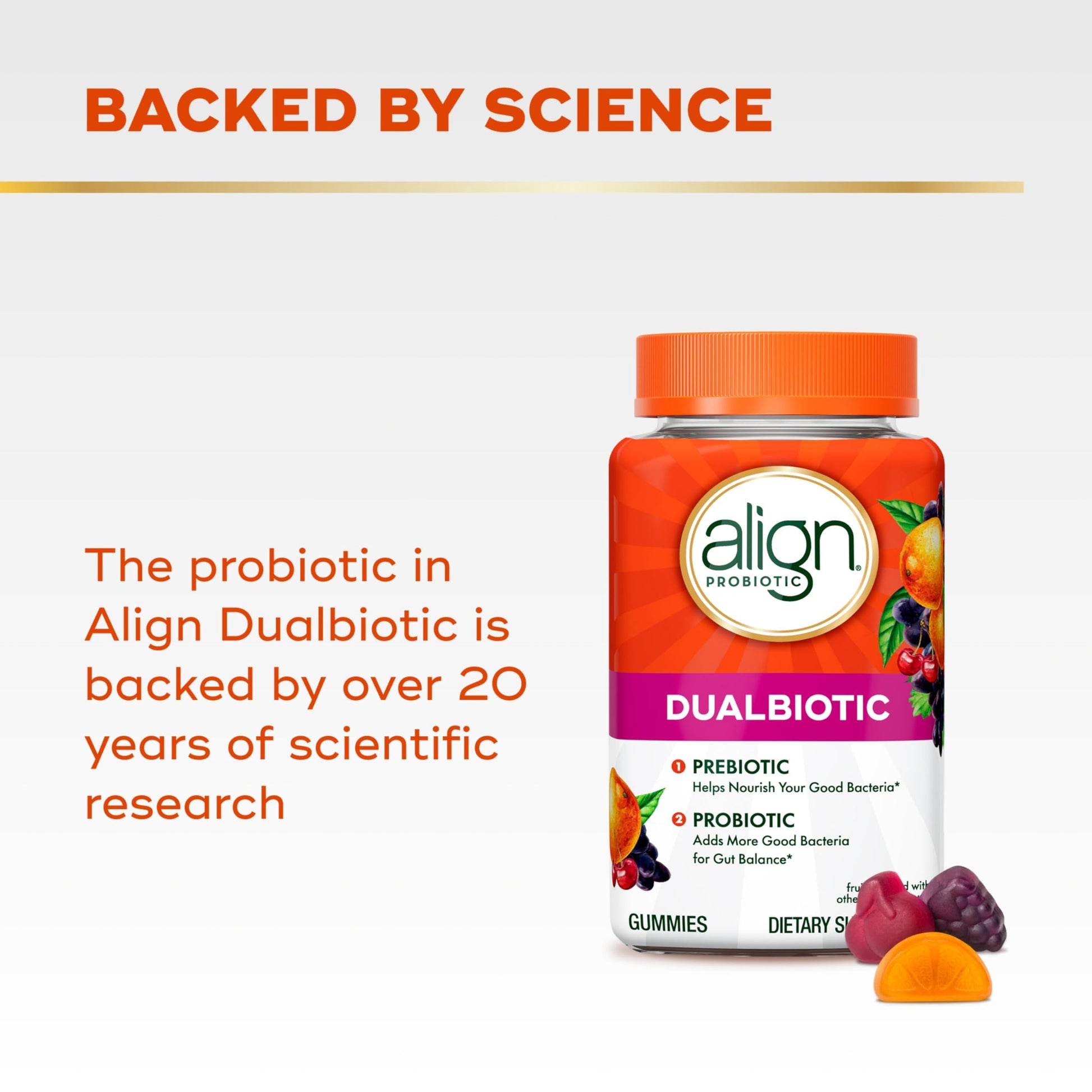 Align Dualbiotic, Prebiotics and Probiotics for Women and Men, Probiotics for Digestive Health, Prebiotics Help Nourish Good Bacteria, Natural Fruit Flavors, 60 Probiotic Gummies Align Au supplements