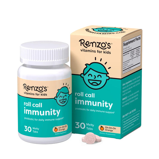 Renzo's Roll Call Immunity - Dissolvable Kids Immune Support Supplement with IMMUSE Postbiotic, Sugar-Free Kids Vitamins, 30 Orange-Flavored Melty Tabs Renzo'sAU supplements