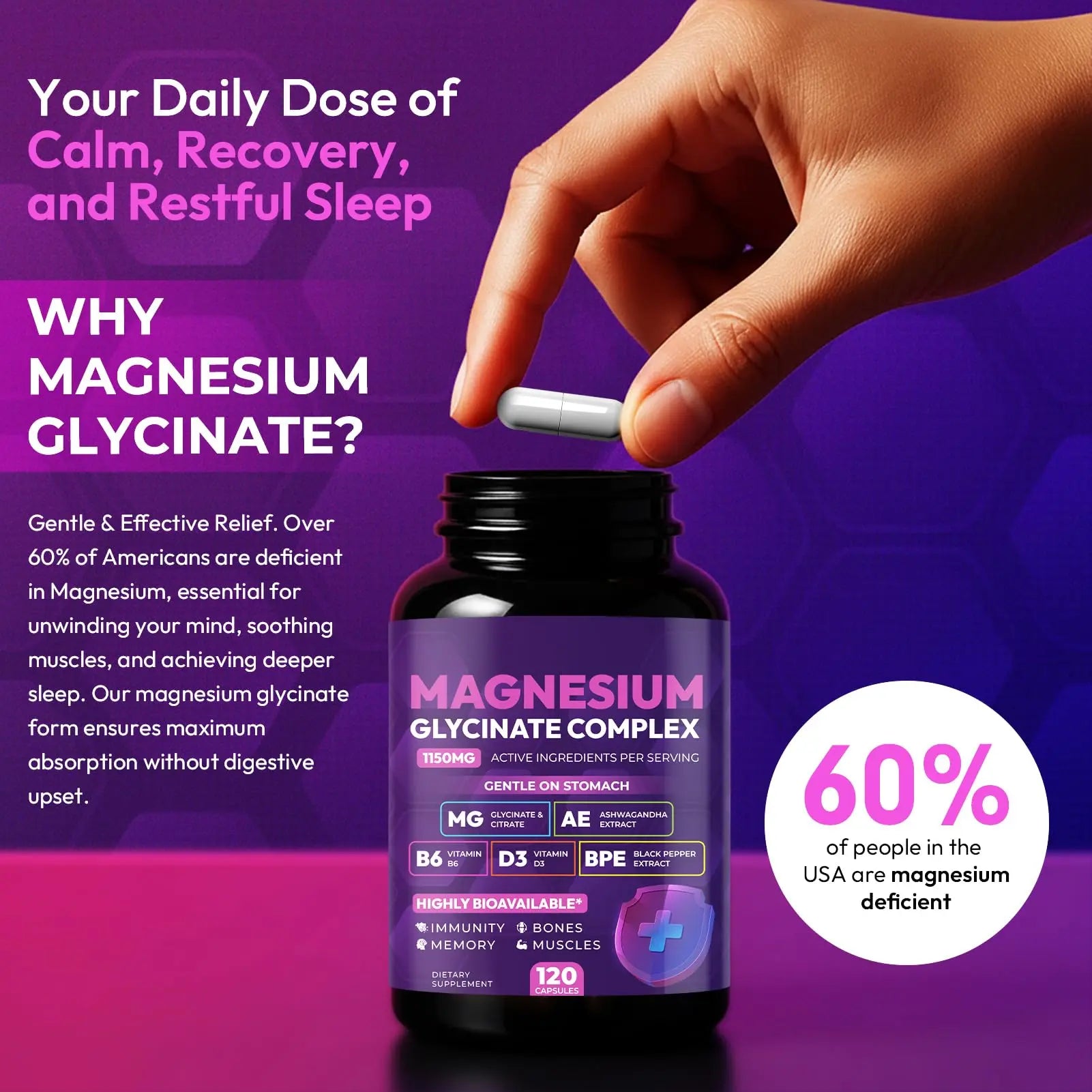 Magnesium Glycinate Complex 1150mg - Gentle on Stomach High Absorption Magnesium Capsules with Citrate, Silica, Ashwagandha & Vitamin B6 for Zzz, Stress Relief, Muscle Support for Adults, Women & Men Cytona Au supplements