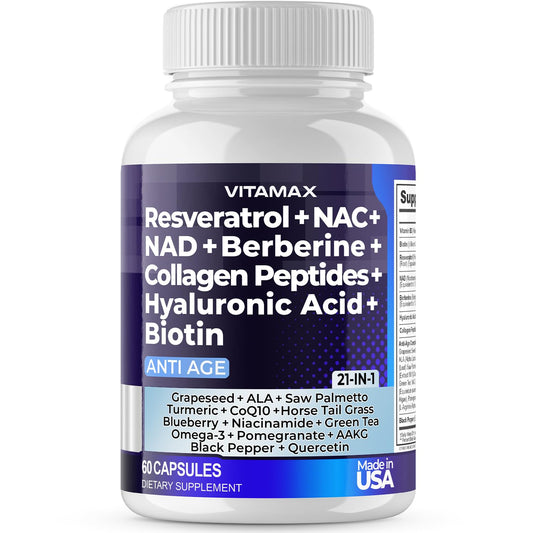 Resveratrol NAD+ Berberine Hyaluronic Acid - Biotin Grape & Blueberry + NAC - Collagen Peptides - Hair, Nail, Skin & Joint Supplement - 21-in-1 Women and Men VitamaxUS supplements