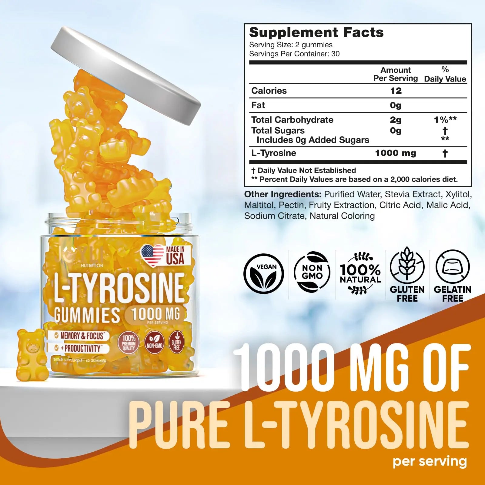Joyli L Tyrosine Gummies 1000MG - L-Tyrosine Supplement for Kids & Adults - Calm & Focus Gummies for Brain, Memory, Mood, and Energy - 500mg L- Tyrosine Powder per Gummy - Vegan, Gluten-Free JOYLI Nutrition Au supplements