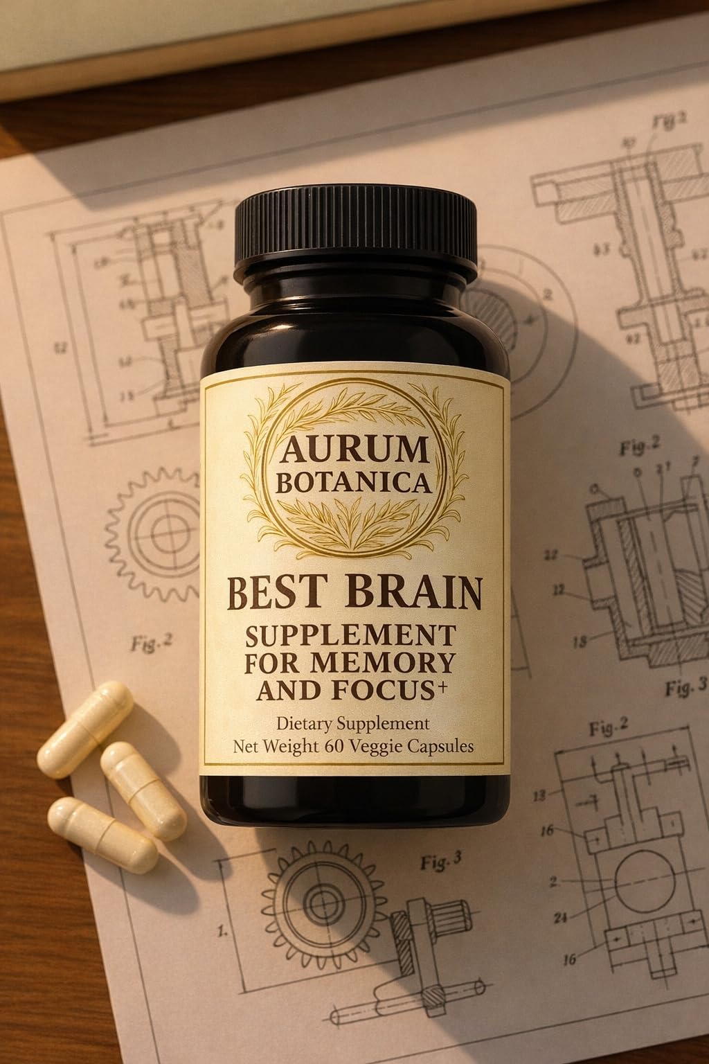 AURUM BOTANICA Best Brain Supplement for Memory and Focus - L-Theanine, Lion's Main, Vitamin B6, B12, D3, Folate, L-Tyrosine, Bacopa Monnieri, Alpha GPC, Theacrine, 30mg of Natural Caffeine (60 Count) AURUM BOTANICA Au supplements