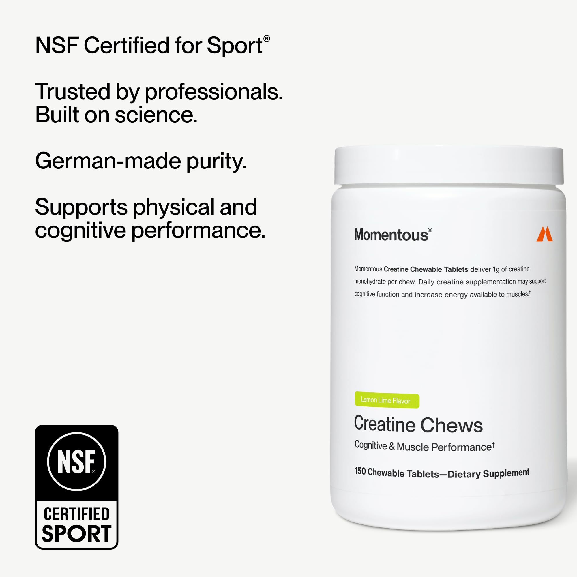 Momentous Creatine Chews - Creatine Monohydrate - Supports Strength, Lean Muscle, & Recovery for Men & Women - NSF Certified for Sport - 150 Chewable Tablets - Lemon Lime Momentous Au supplements