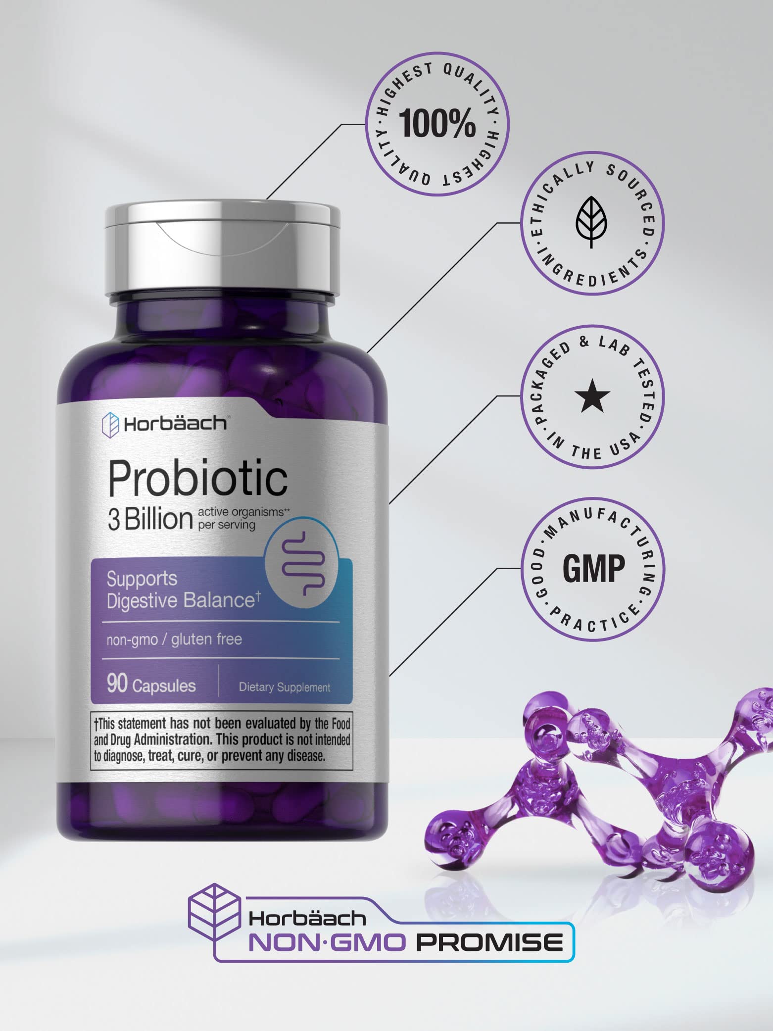 Probiotic for Women & Men's Digestive Health | 3 Billion CFU | 90 Capsules | Non-GMO Horbäach Au supplements
